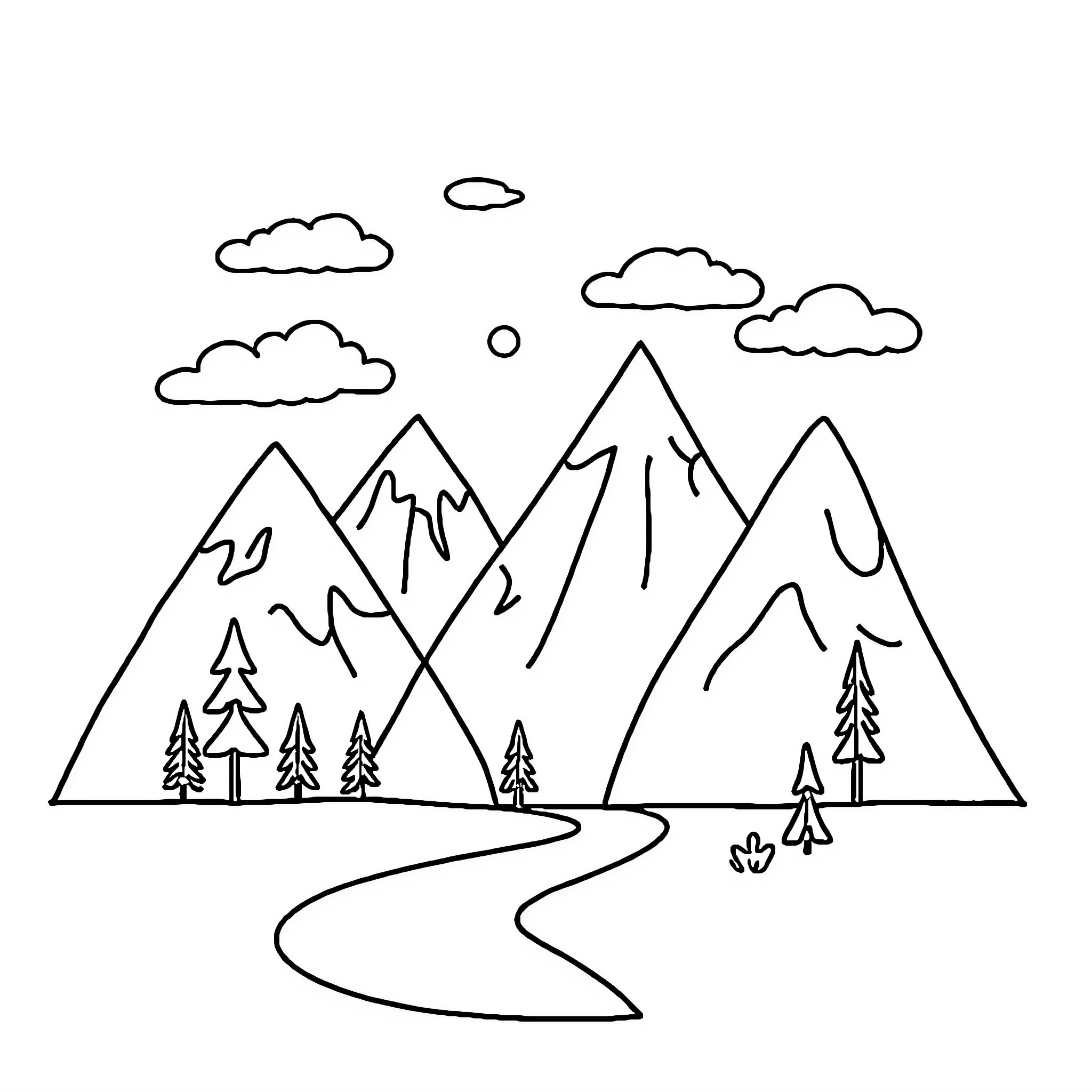 Mountain landscape with winding path Coloring Page (free black-and-white line drawing printable PDF for all, from beginners to advanced learners, including children, teens, adults, and seniors)