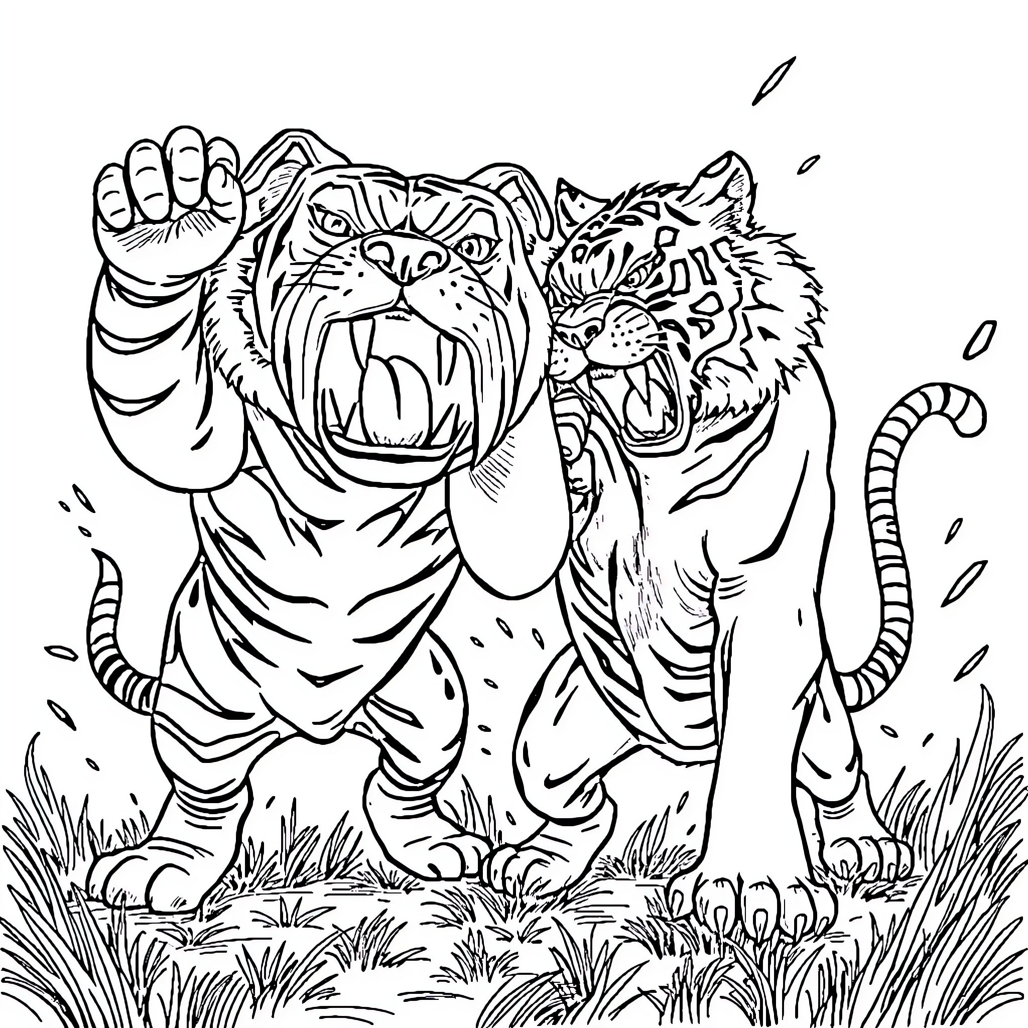 Bulldog tigers growling in the wild Coloring Page (free black-and-white line drawing printable PDF for all, from beginners to advanced learners, including children, teens, adults, and seniors)