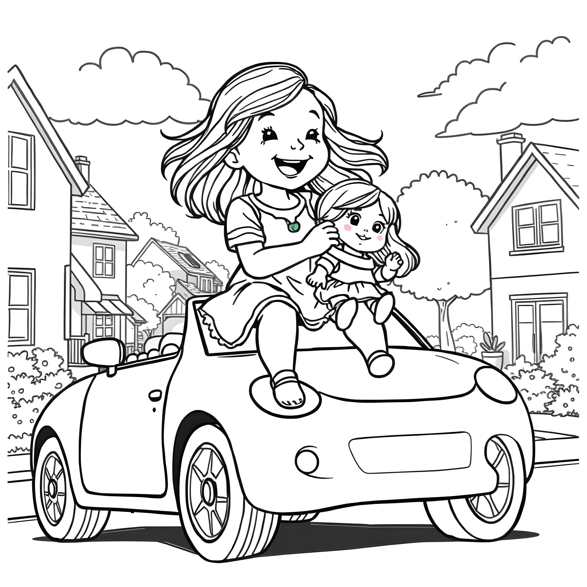 Girl playing happily with her doll in a car Coloring Page (free black-and-white line drawing printable PDF for all, from beginners to advanced learners, including children, teens, adults, and seniors)