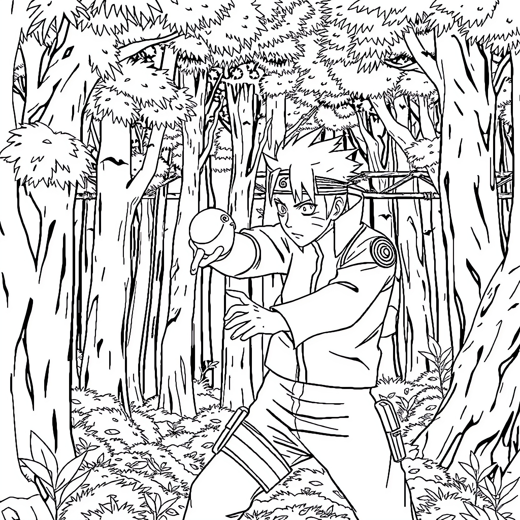 Naruto Ninja Warrior in Forest Landscape Coloring Page (free black-and-white line drawing printable PDF for all, from beginners to advanced learners, including children, teens, adults, and seniors)