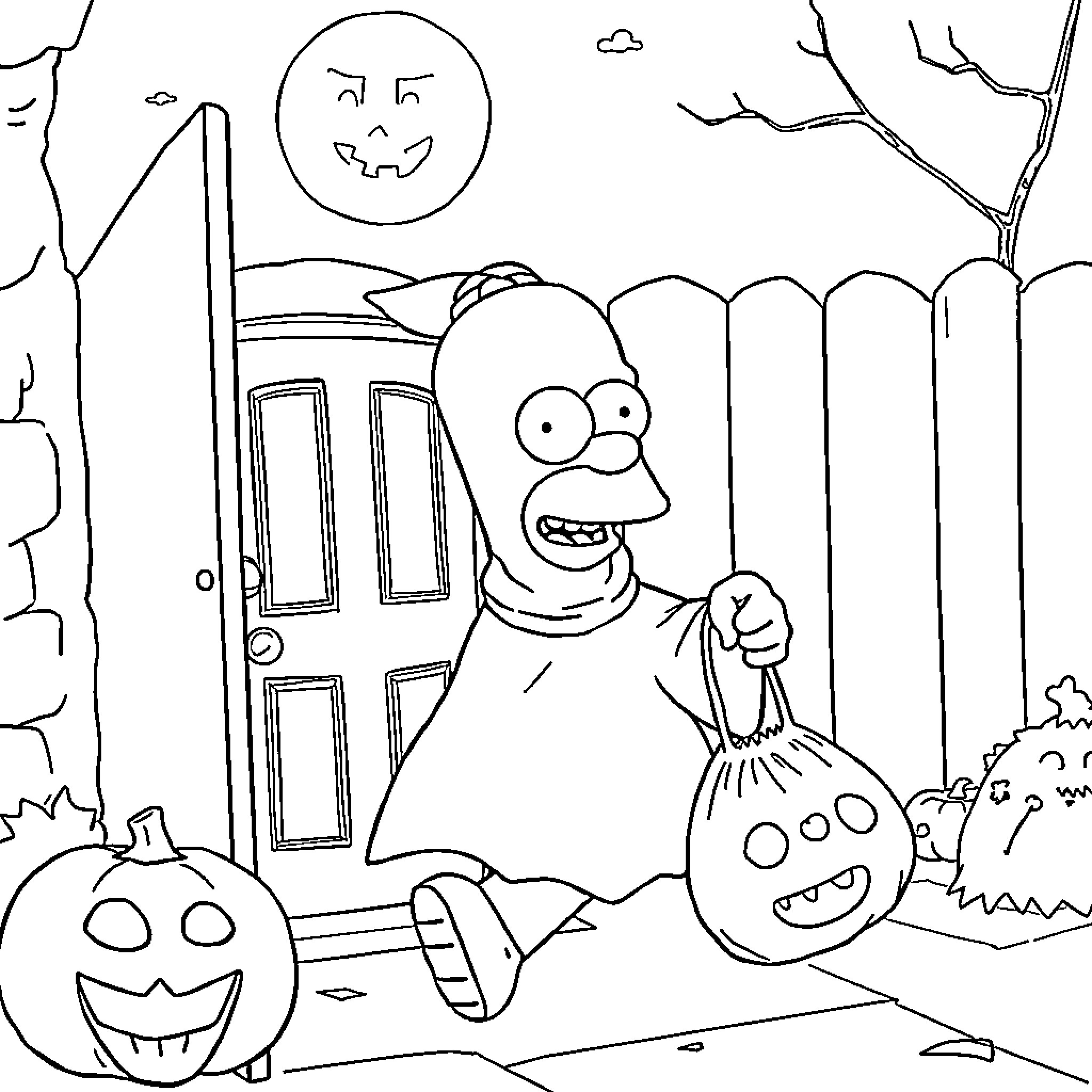 Homer's Spooky Halloween Adventure Coloring Page (free black-and-white line drawing printable PDF for all, from beginners to advanced learners, including children, teens, adults, and seniors)