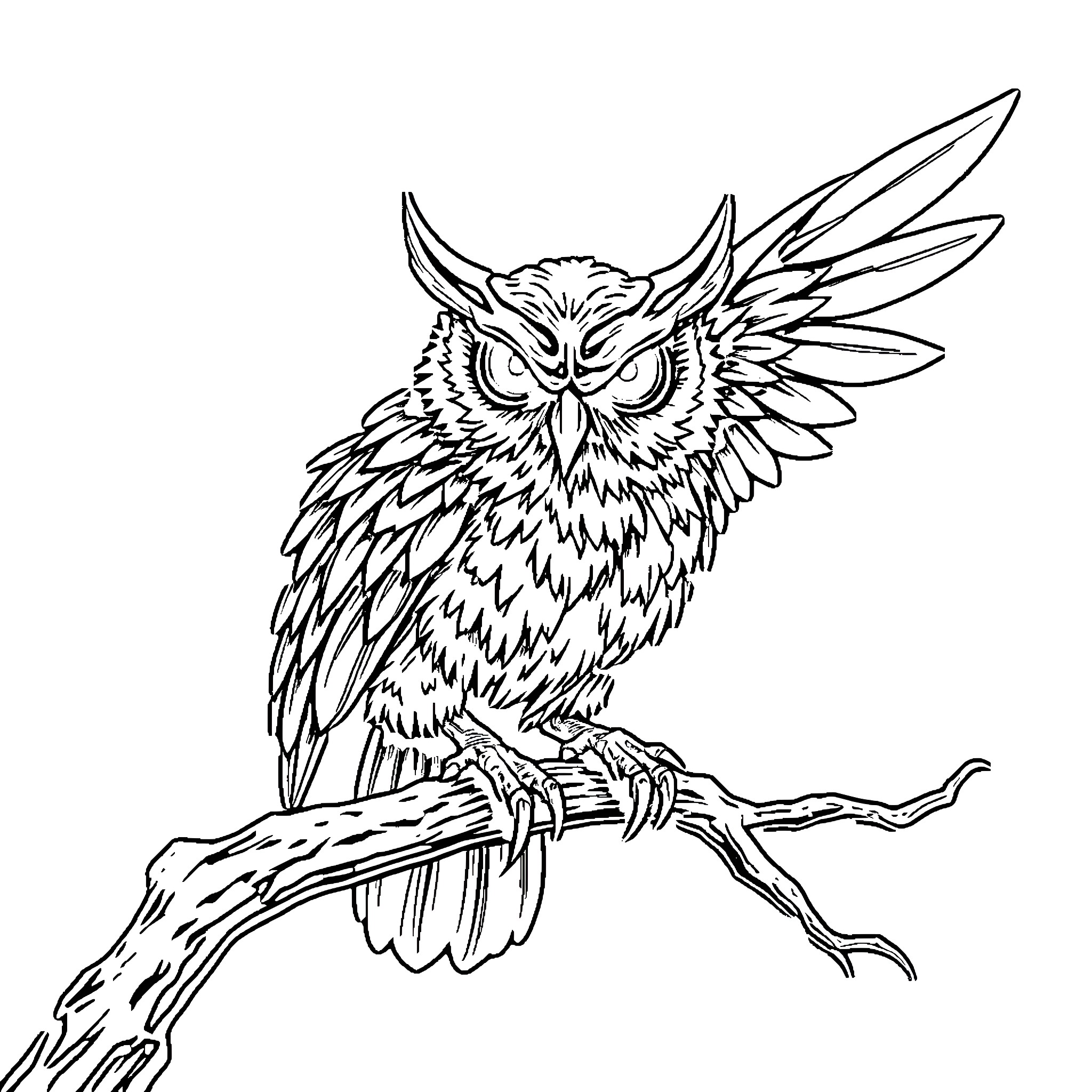 Owl perched on a branch with detailed feathers Coloring Page (free black-and-white line drawing printable PDF for all, from beginners to advanced learners, including children, teens, adults, and seniors)