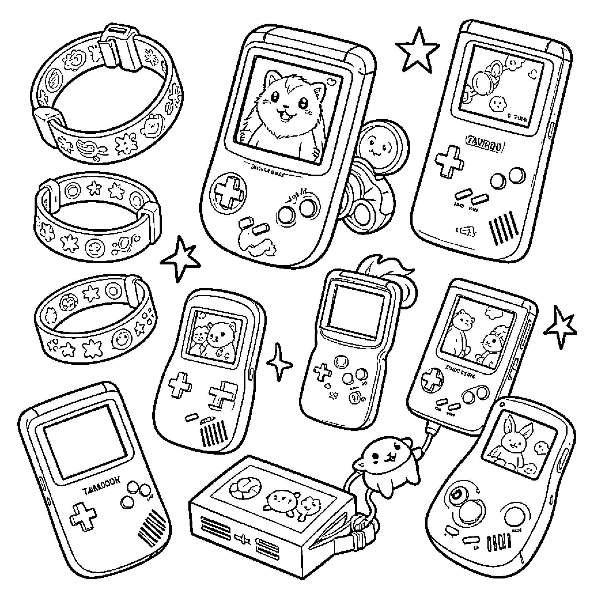 Nostalgia: Retro gaming consoles and accessories Coloring Page (free black-and-white line drawing printable PDF for all, from beginners to advanced learners, including children, teens, adults, and seniors)