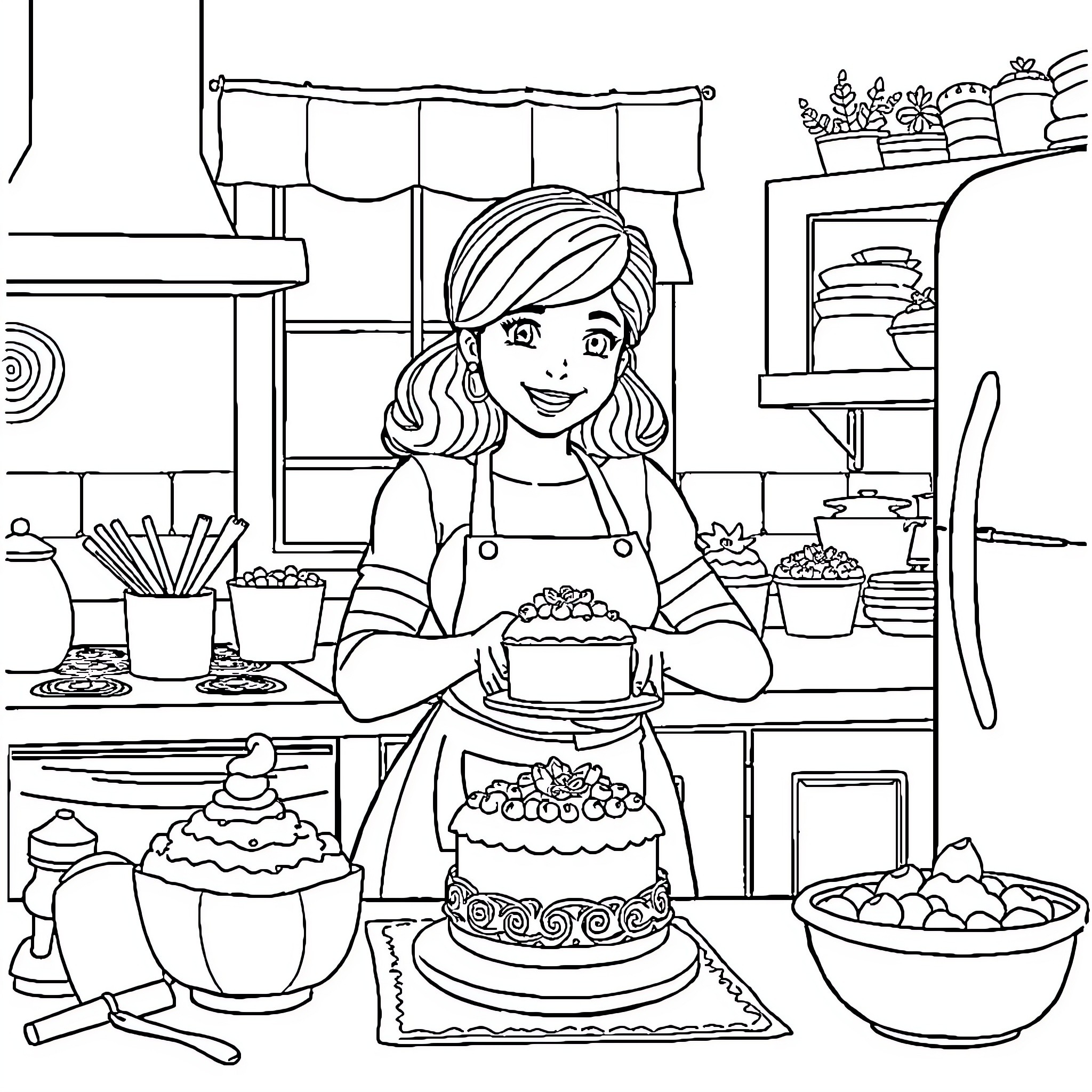 Bobbie Good baking cakes in a cozy kitchen Coloring Page (free black-and-white line drawing printable PDF for all, from beginners to advanced learners, including children, teens, adults, and seniors)