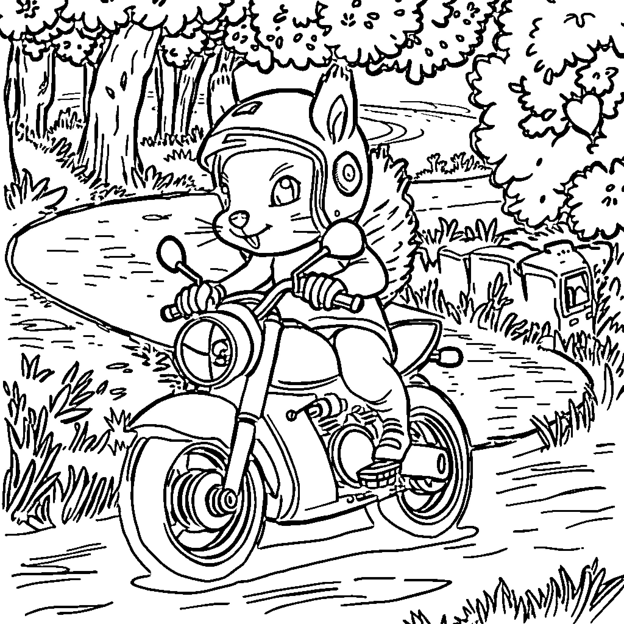 Squirrel riding a motorcycle in the forest Coloring Page (free black-and-white line drawing printable PDF for all, from beginners to advanced learners, including children, teens, adults, and seniors)