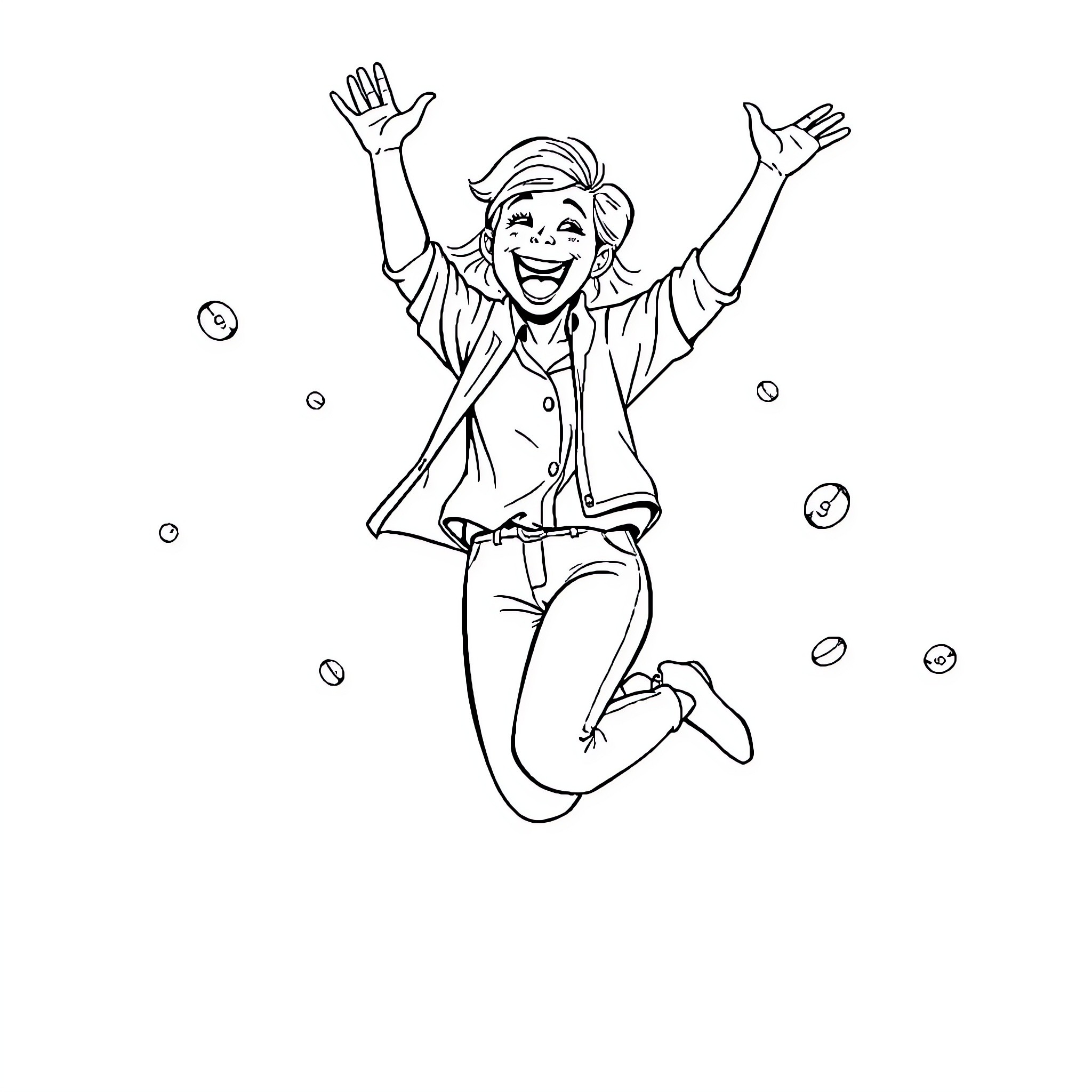 Lady Joyfully Jumping with Excitement Coloring Page (free black-and-white line drawing printable PDF for all, from beginners to advanced learners, including children, teens, adults, and seniors)