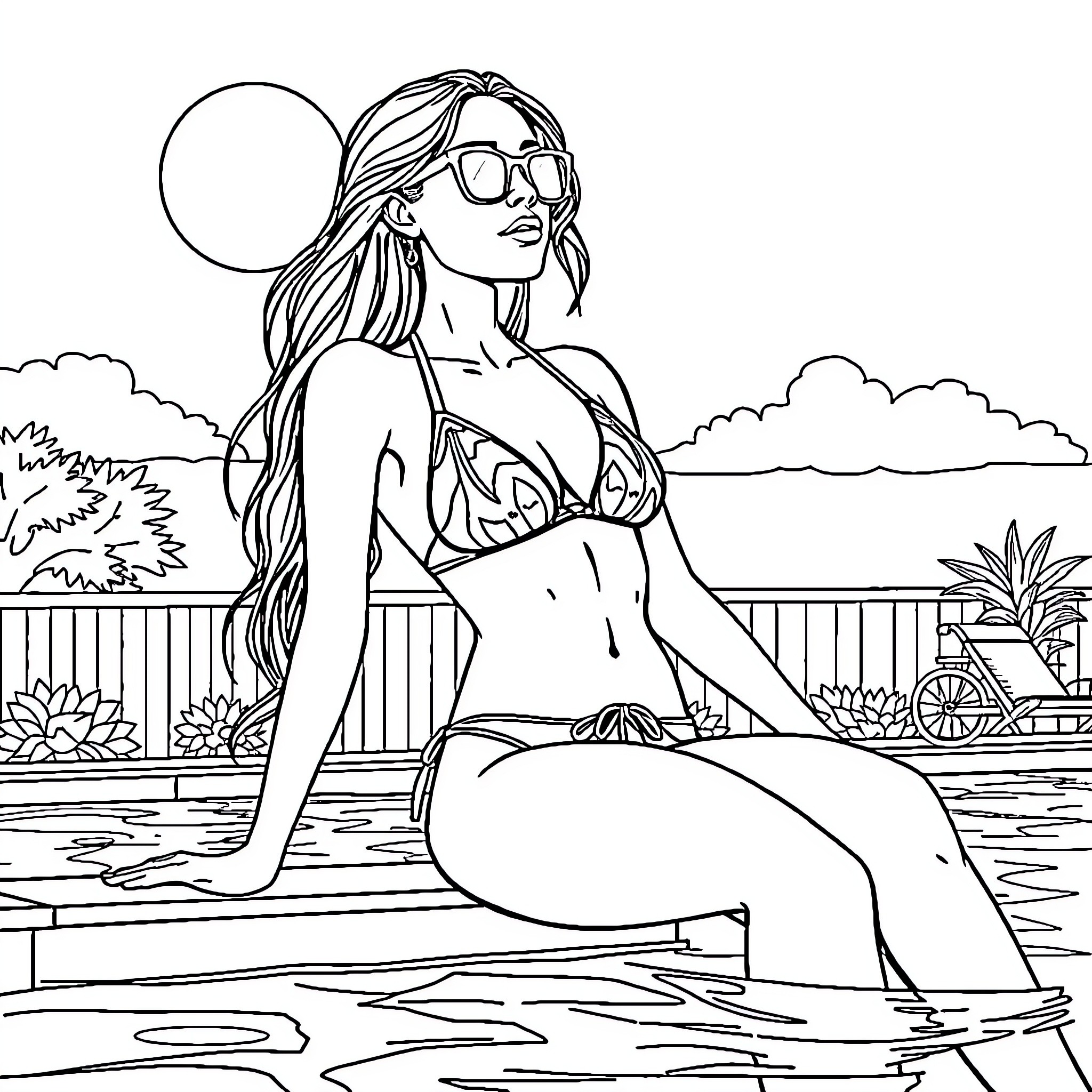 Girl relaxing by the pool on a sunny day Coloring Page (free black-and-white line drawing printable PDF for all, from beginners to advanced learners, including children, teens, adults, and seniors)