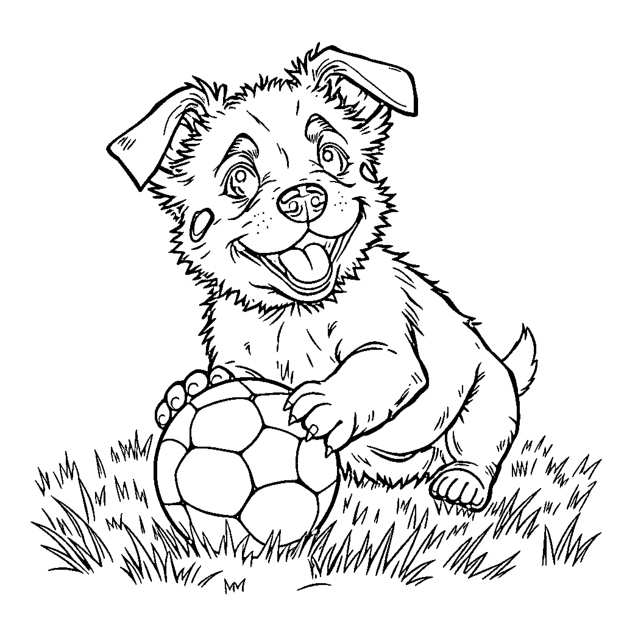 Dog happily playing with soccer ball in the park Coloring Page (free black-and-white line drawing printable PDF for all, from beginners to advanced learners, including children, teens, adults, and seniors)