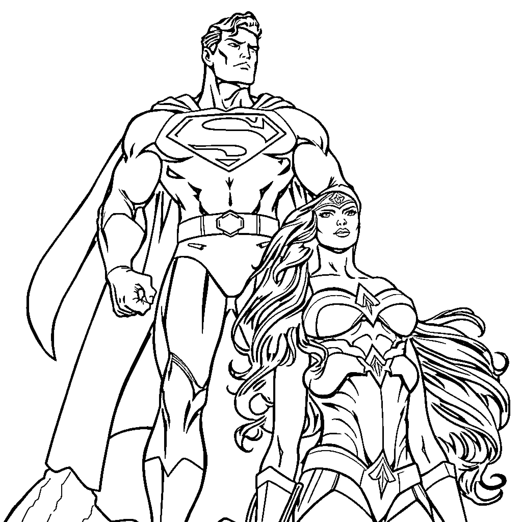 Superman and Wonder Woman in heroic poses Coloring Page (free black-and-white line drawing printable PDF for all, from beginners to advanced learners, including children, teens, adults, and seniors)