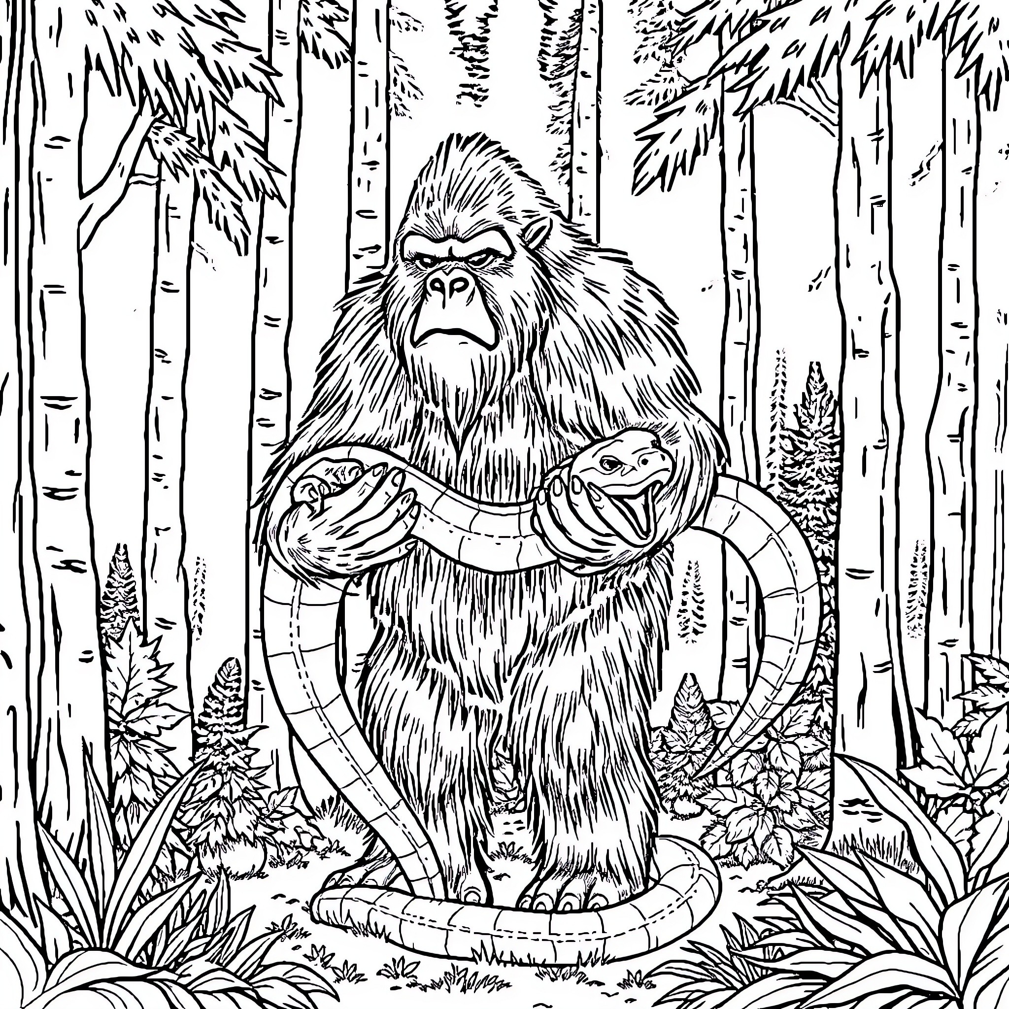 Sasquatch guarding his forest habitat Coloring Page (free black-and-white line drawing printable PDF for all, from beginners to advanced learners, including children, teens, adults, and seniors)