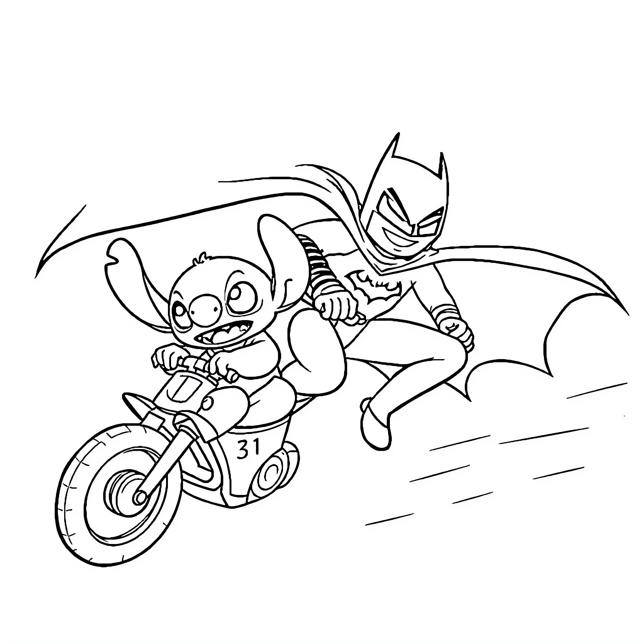 Batman-inspired character riding motorcycle through city Coloring Page (free black-and-white line drawing printable PDF for all, from beginners to advanced learners, including children, teens, adults, and seniors)