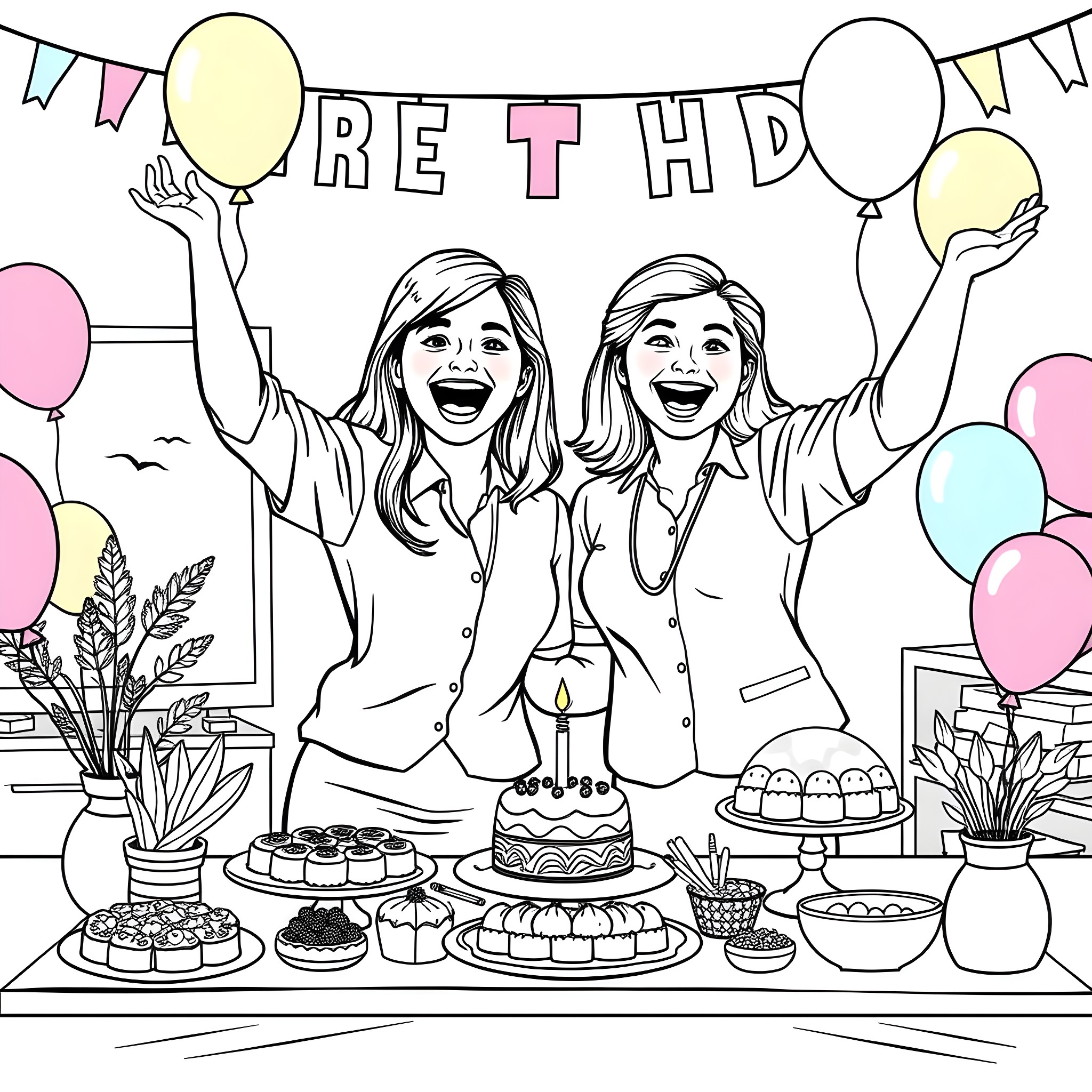 Teacher celebrates birthday with students Coloring Page (free black-and-white line drawing printable PDF for all, from beginners to advanced learners, including children, teens, adults, and seniors)