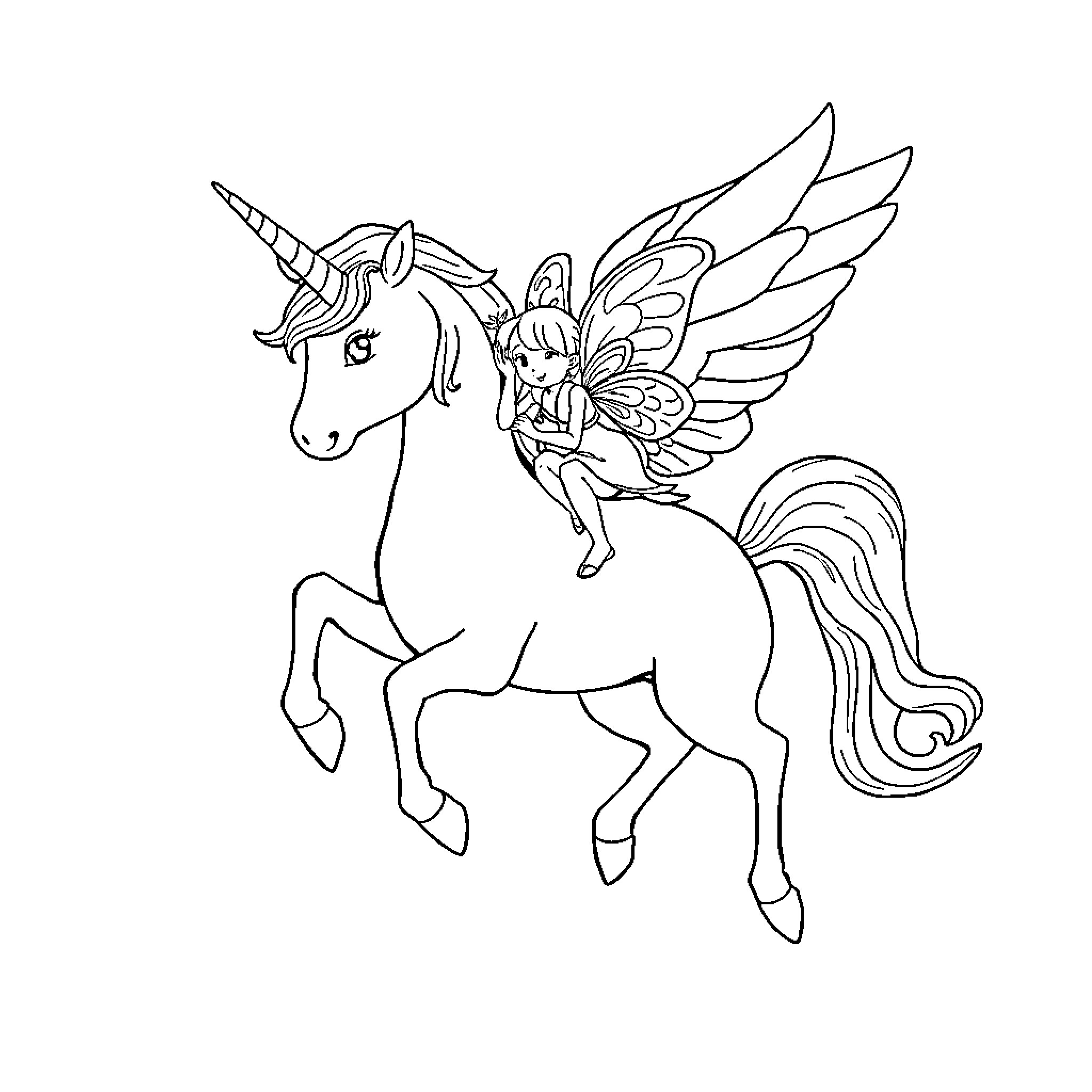 Unicorn with a fairy riding on its back Coloring Page (free black-and-white line drawing printable PDF for all, from beginners to advanced learners, including children, teens, adults, and seniors)