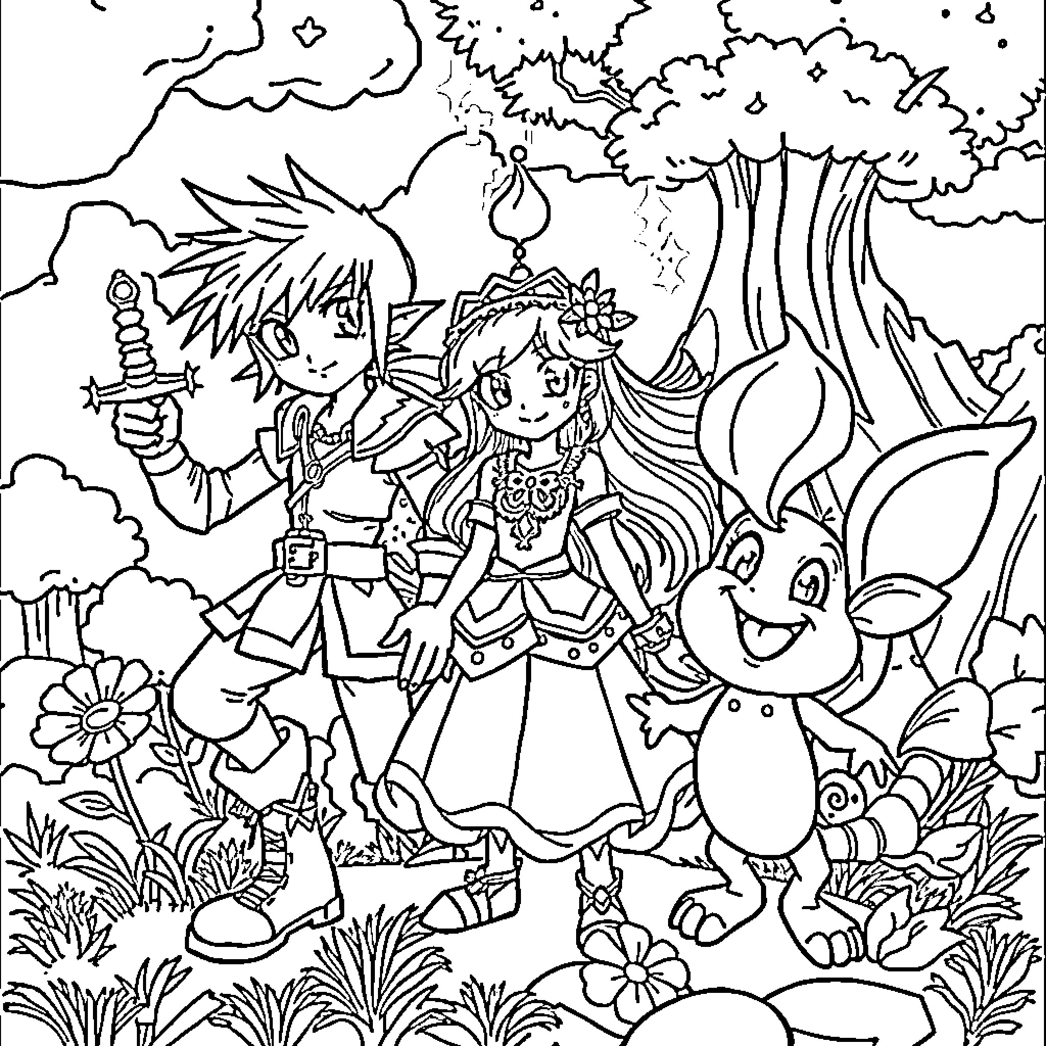 Character Adventure in a Magical Forest Coloring Page (free black-and-white line drawing printable PDF for all, from beginners to advanced learners, including children, teens, adults, and seniors)