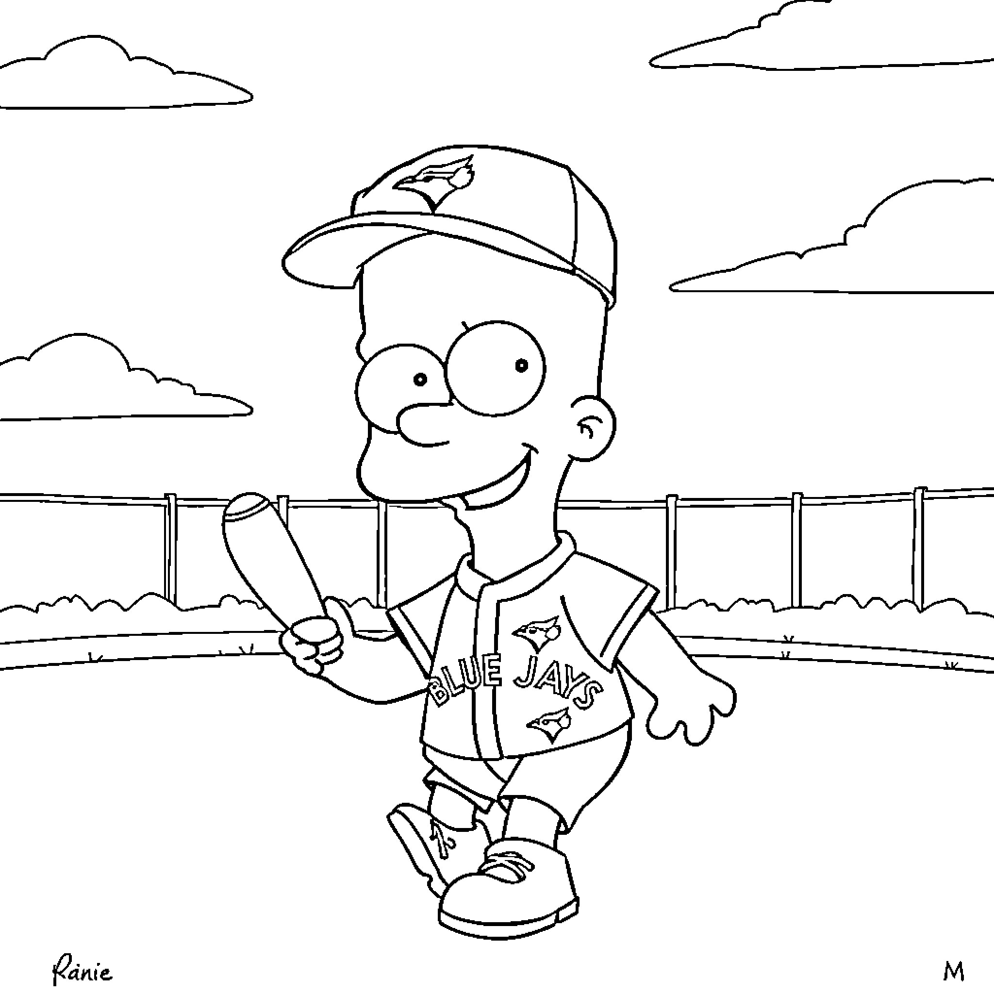 Bart Simpson as a baseball player on the field Coloring Page (free black-and-white line drawing printable PDF for all, from beginners to advanced learners, including children, teens, adults, and seniors)