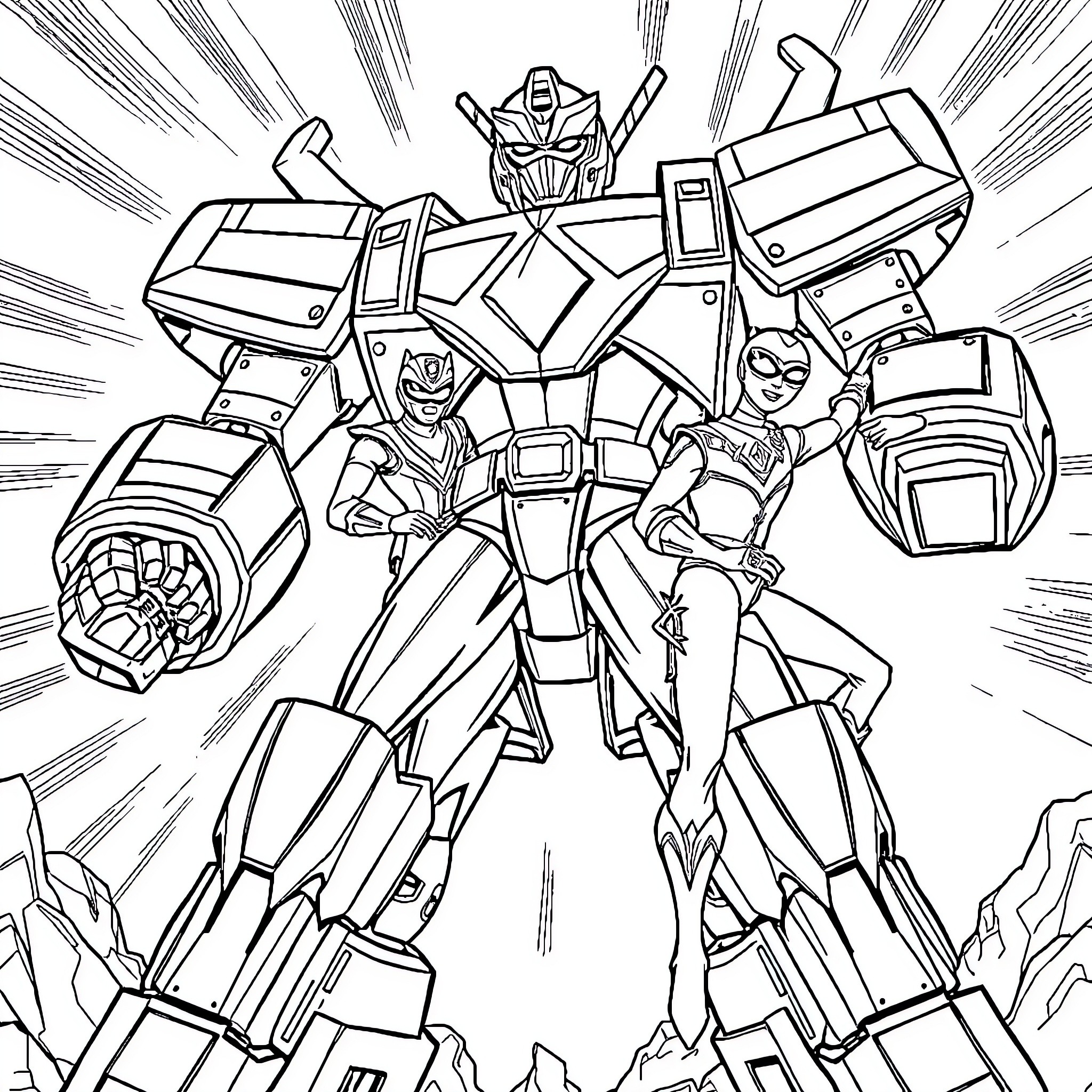 Power Ranger Mecha Suit in Action Coloring Page (free black-and-white line drawing printable PDF for all, from beginners to advanced learners, including children, teens, adults, and seniors)