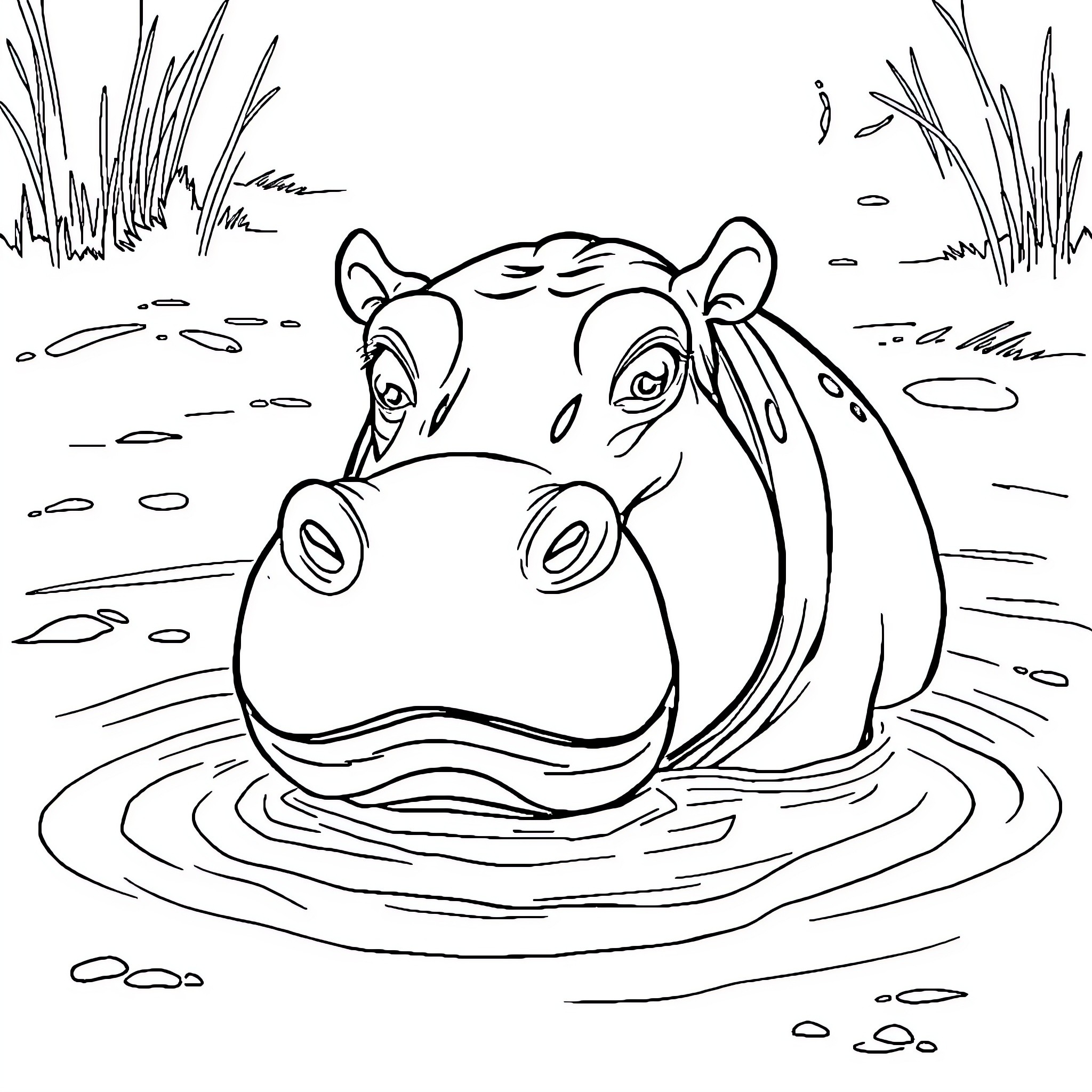 Hippo splashing happily in the water Coloring Page (free black-and-white line drawing printable PDF for all, from beginners to advanced learners, including children, teens, adults, and seniors)
