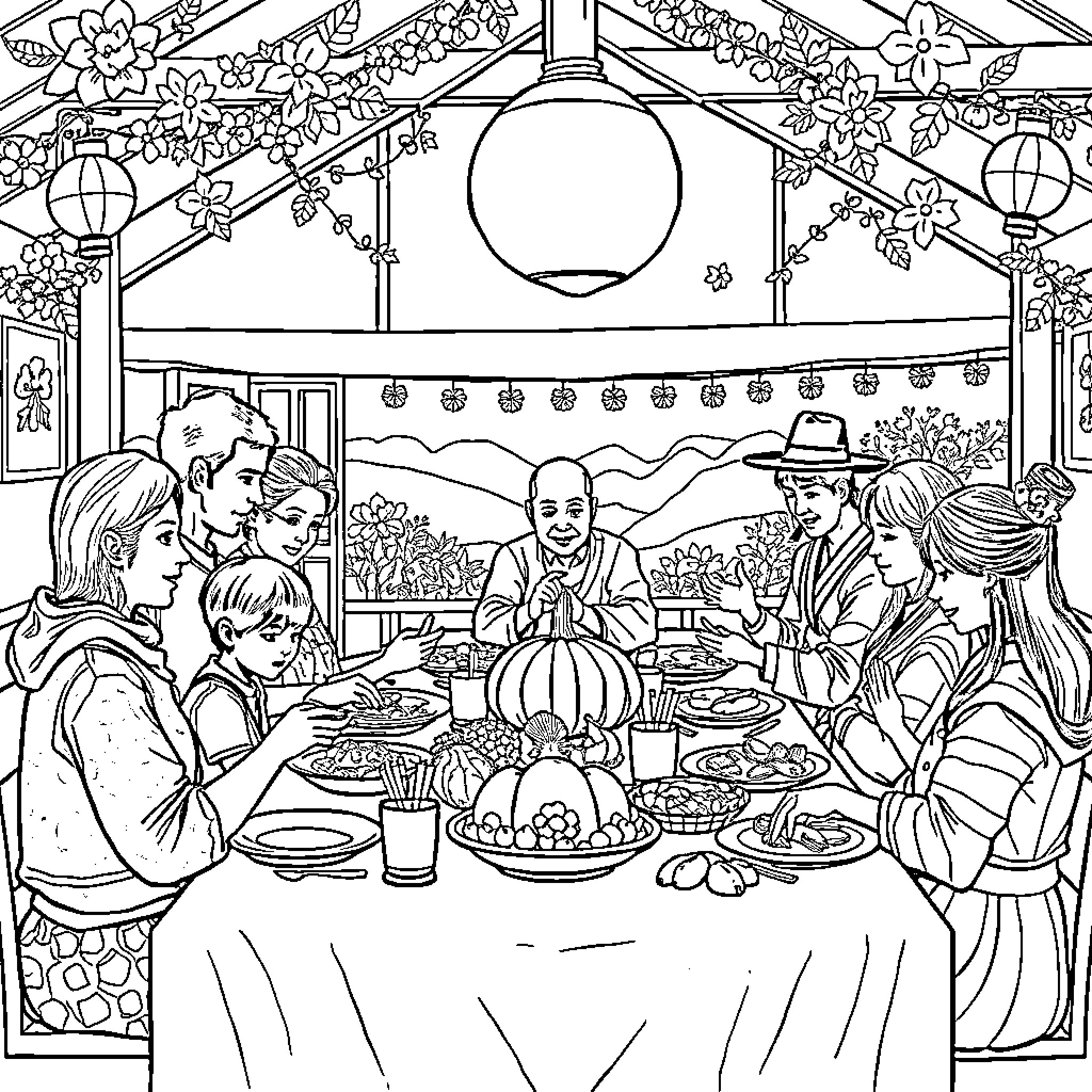 Thanksgiving Family Gathering with Festive Decorations Coloring Page (free black-and-white line drawing printable PDF for all, from beginners to advanced learners, including children, teens, adults, and seniors)