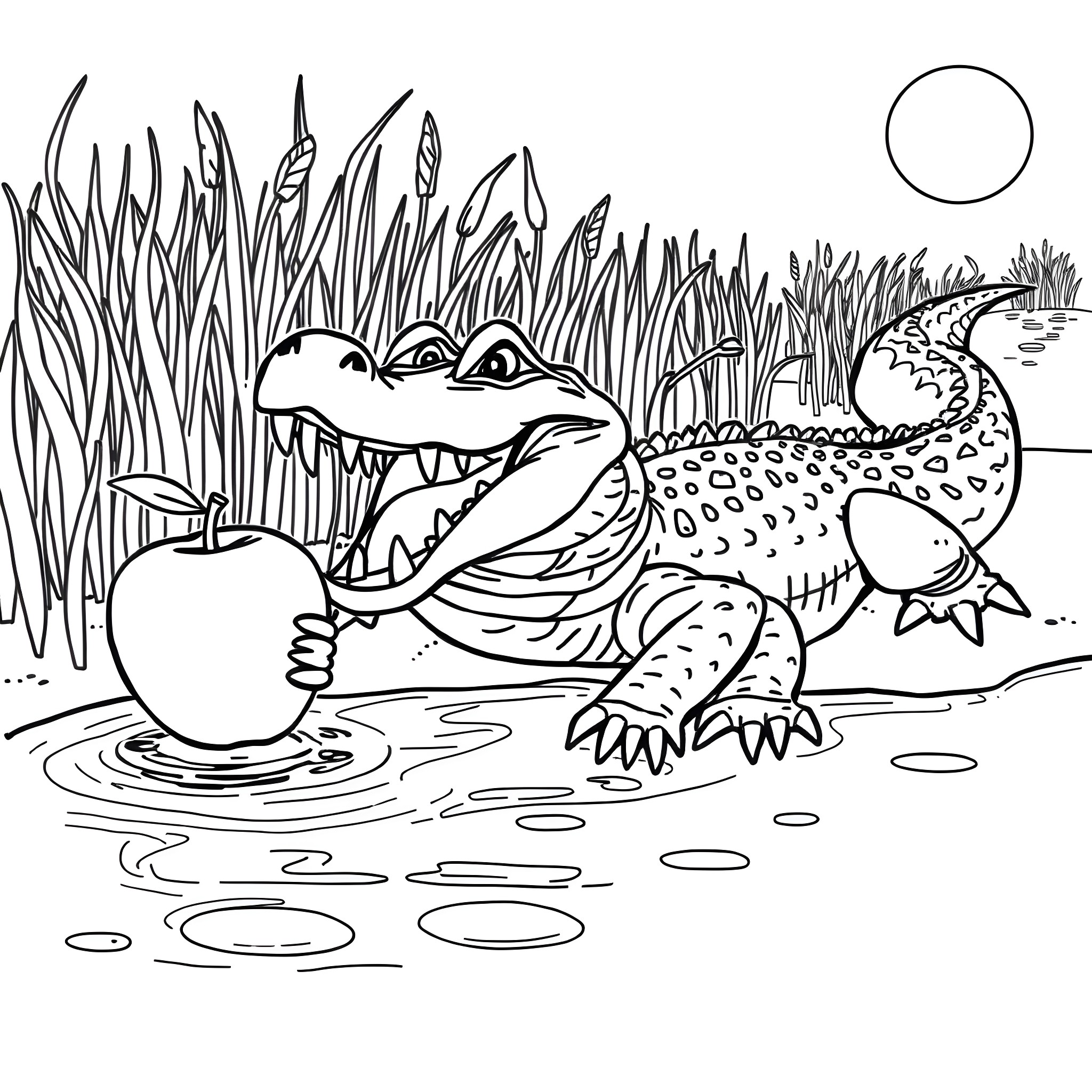 Alligator hunting in the swamp Coloring Page (free black-and-white line drawing printable PDF for all, from beginners to advanced learners, including children, teens, adults, and seniors)