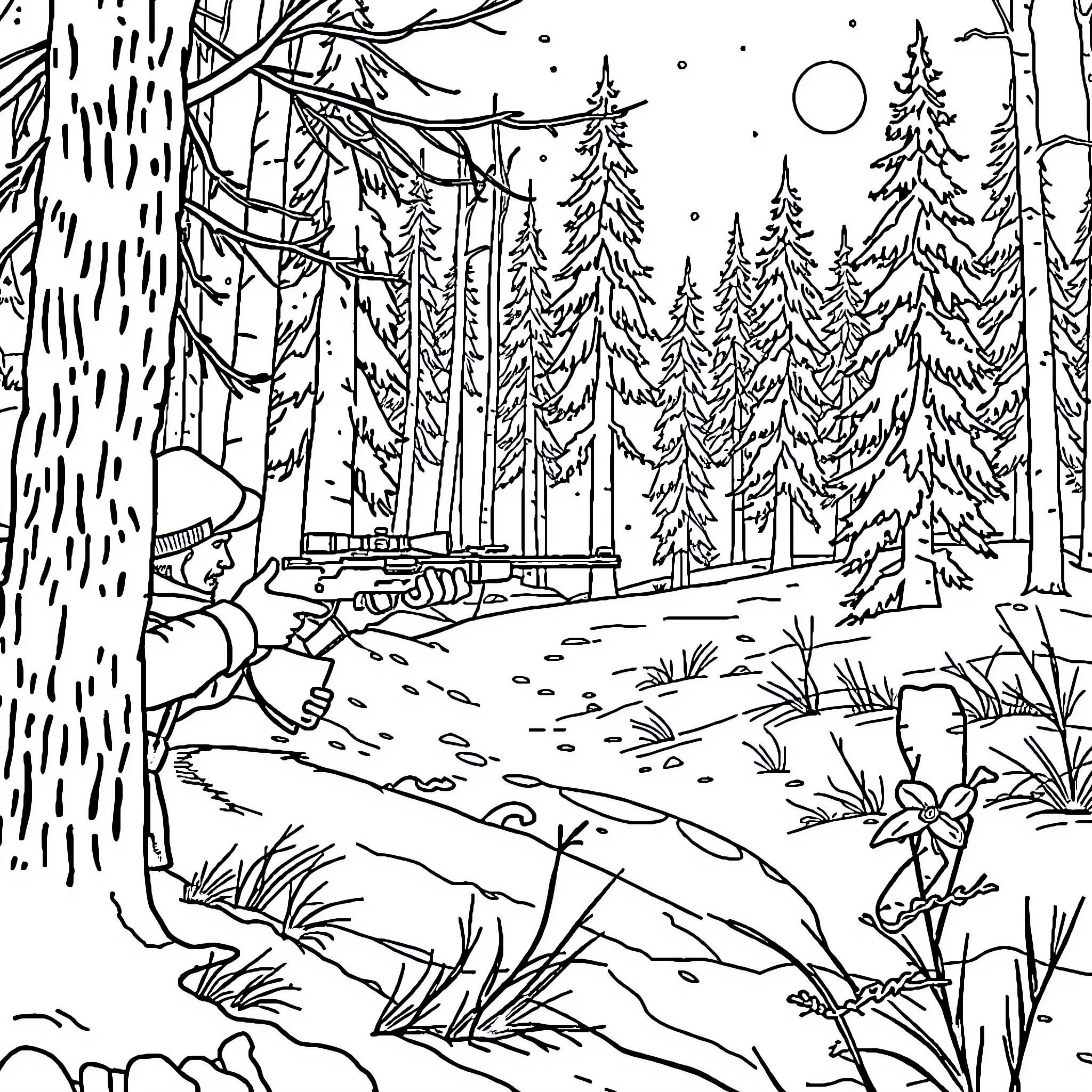 Wolf Wandering Through a Snowy Forest Landscape Coloring Page (free black-and-white line drawing printable PDF for all, from beginners to advanced learners, including children, teens, adults, and seniors)