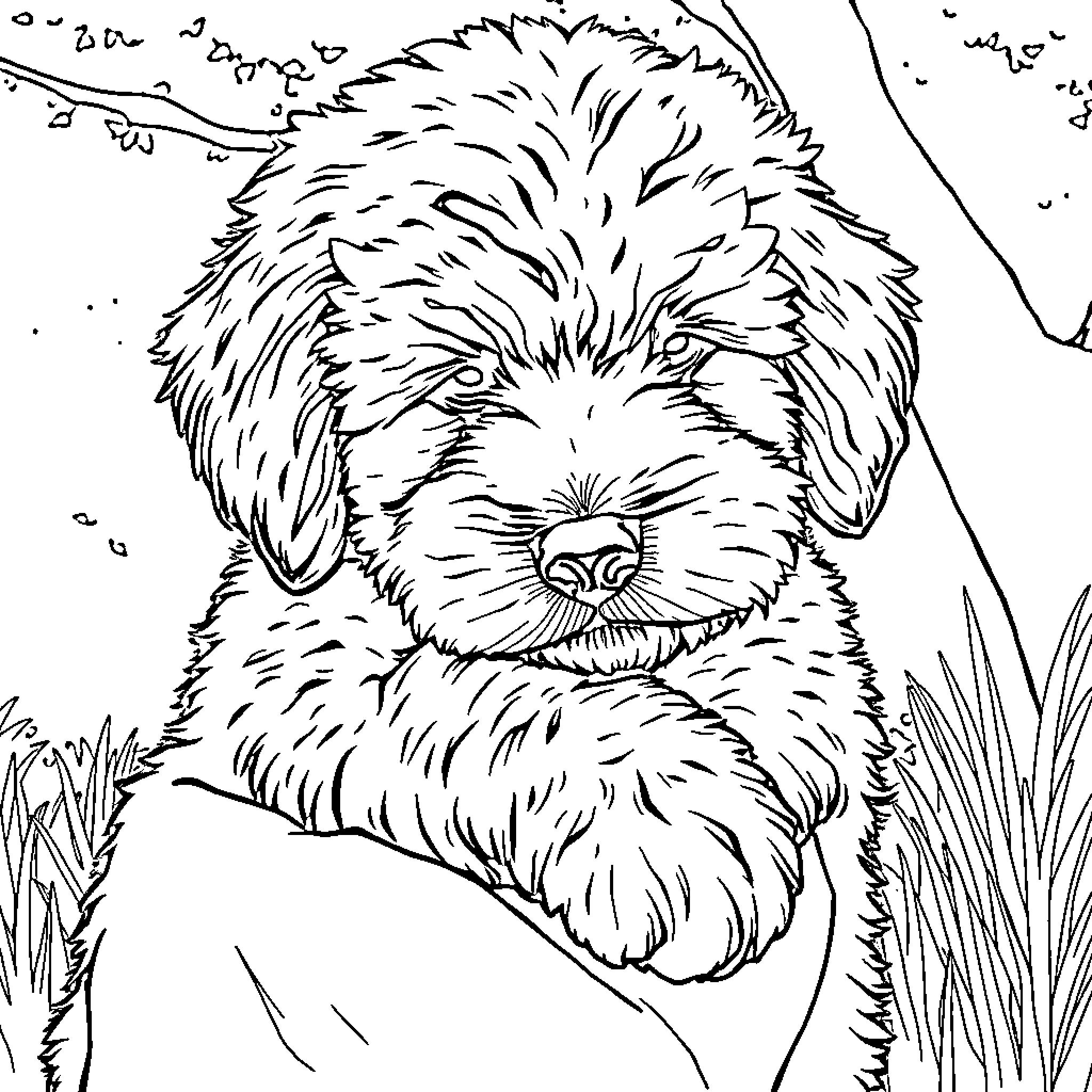 Goldendoodle puppy resting in the grass Coloring Page (free black-and-white line drawing printable PDF for all, from beginners to advanced learners, including children, teens, adults, and seniors)