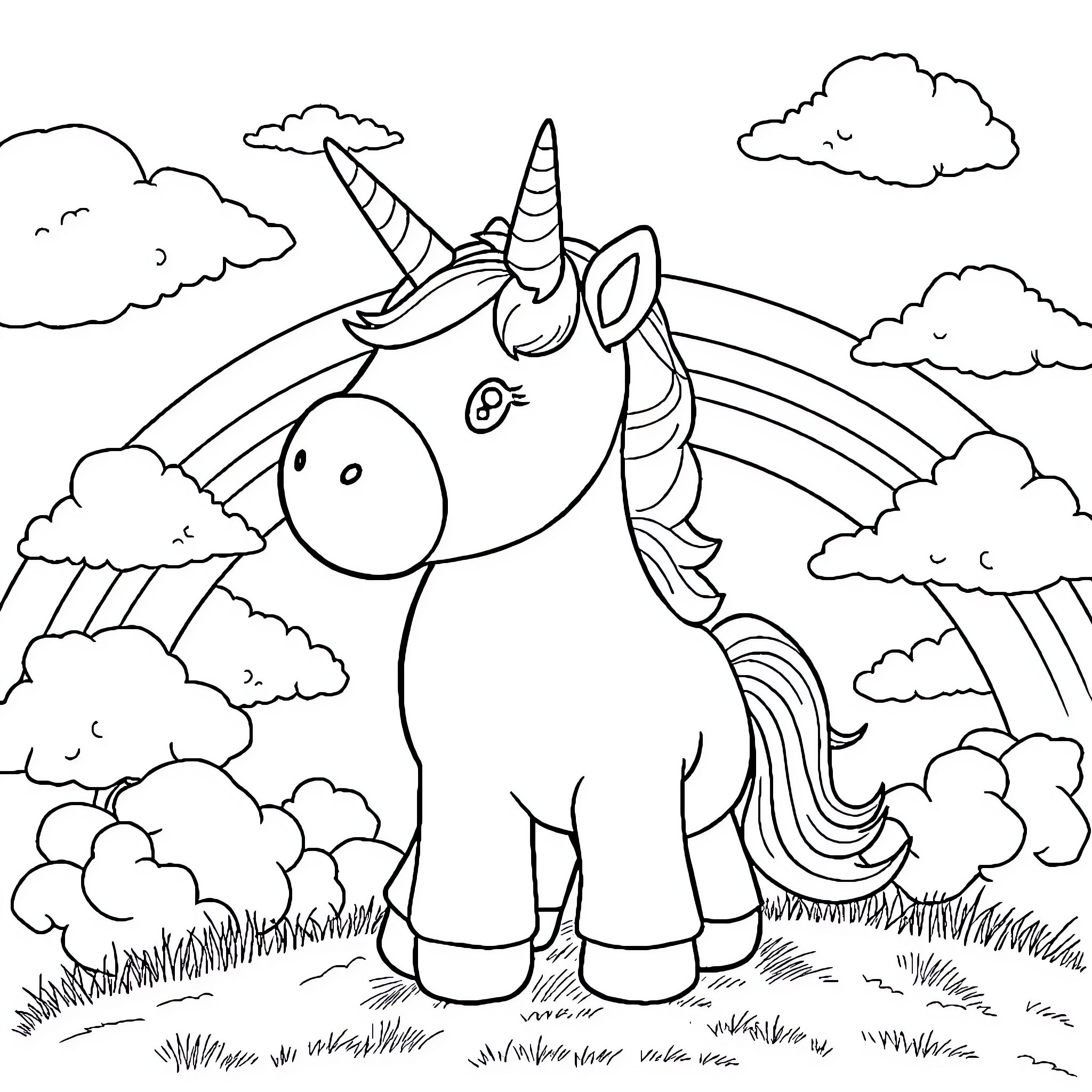 Unicorn in a Magical Landscape Coloring Page (free black-and-white line drawing printable PDF for all, from beginners to advanced learners, including children, teens, adults, and seniors)