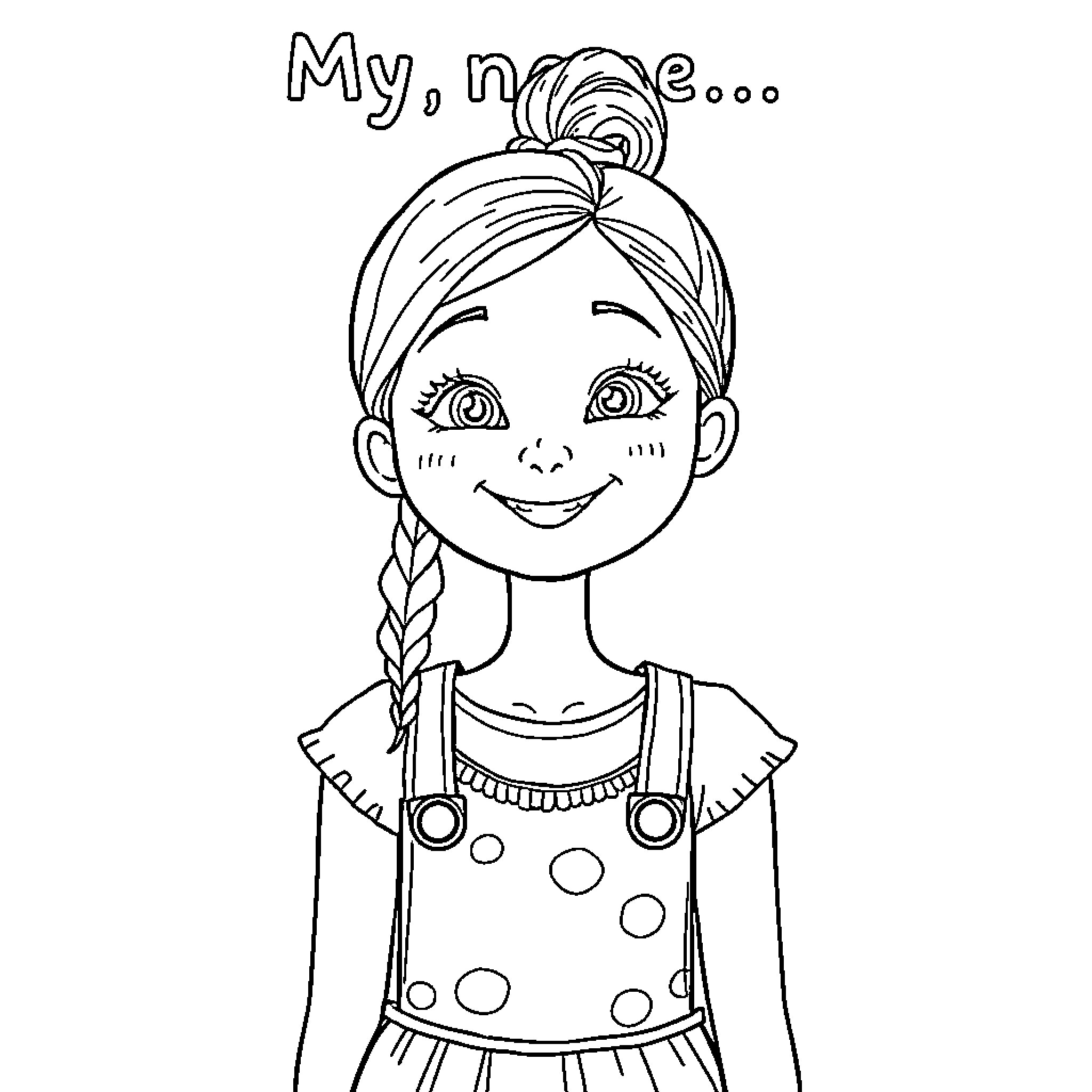 Beth's Playful Expression and Outfit Coloring Page (free black-and-white line drawing printable PDF for all, from beginners to advanced learners, including children, teens, adults, and seniors)