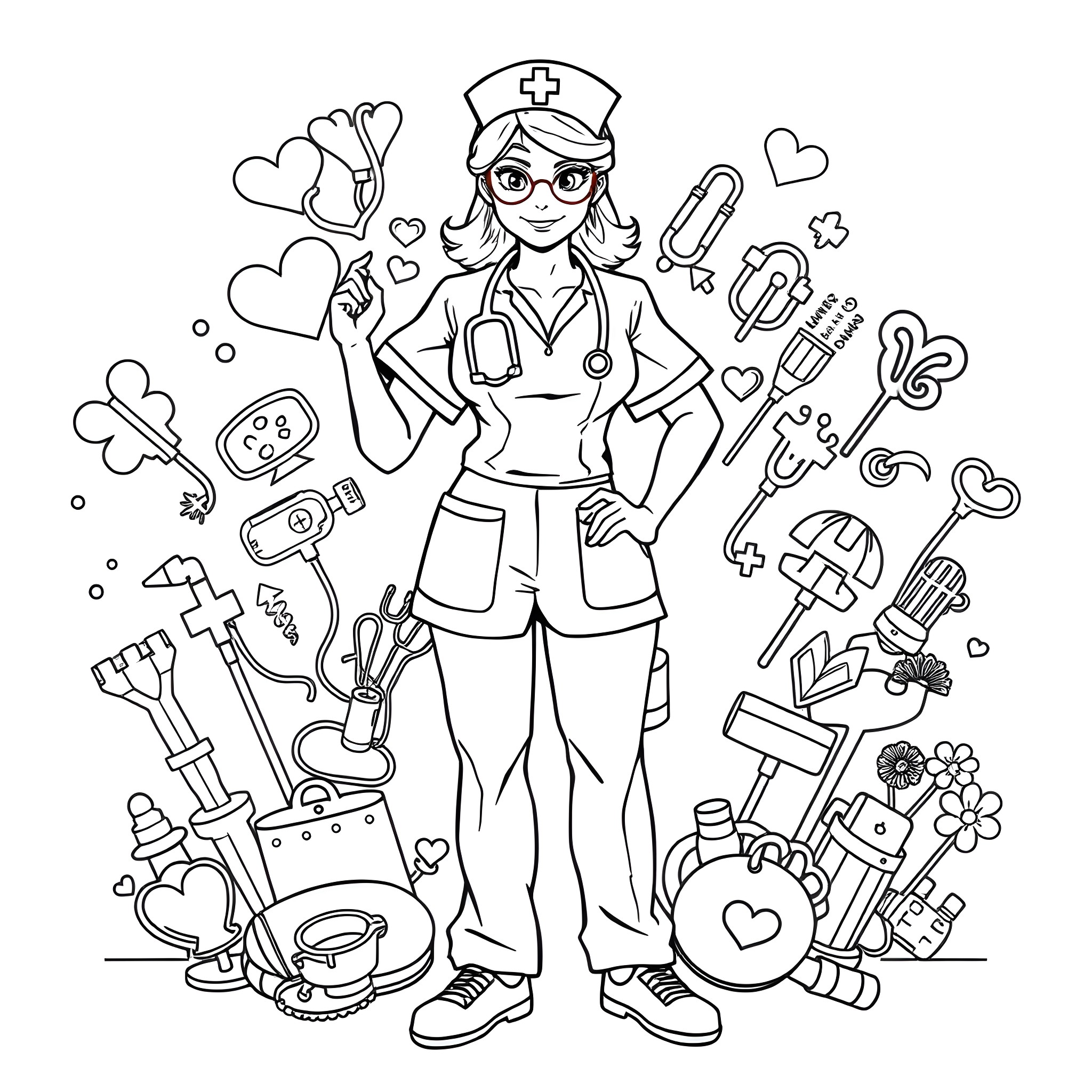 Nurse with Medical Equipment and Symbols Coloring Page (free black-and-white line drawing printable PDF for all, from beginners to advanced learners, including children, teens, adults, and seniors)
