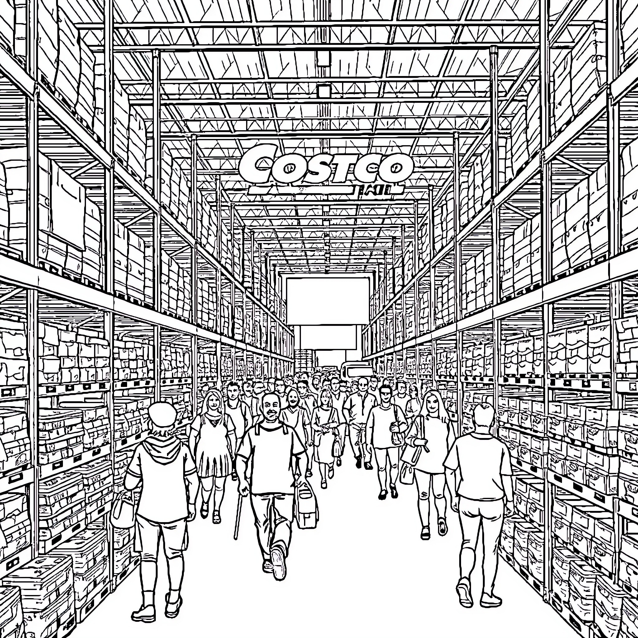 Costco Shoppers Browsing Aisles of Warehouse Store Coloring Page (free black-and-white line drawing printable PDF for all, from beginners to advanced learners, including children, teens, adults, and seniors)