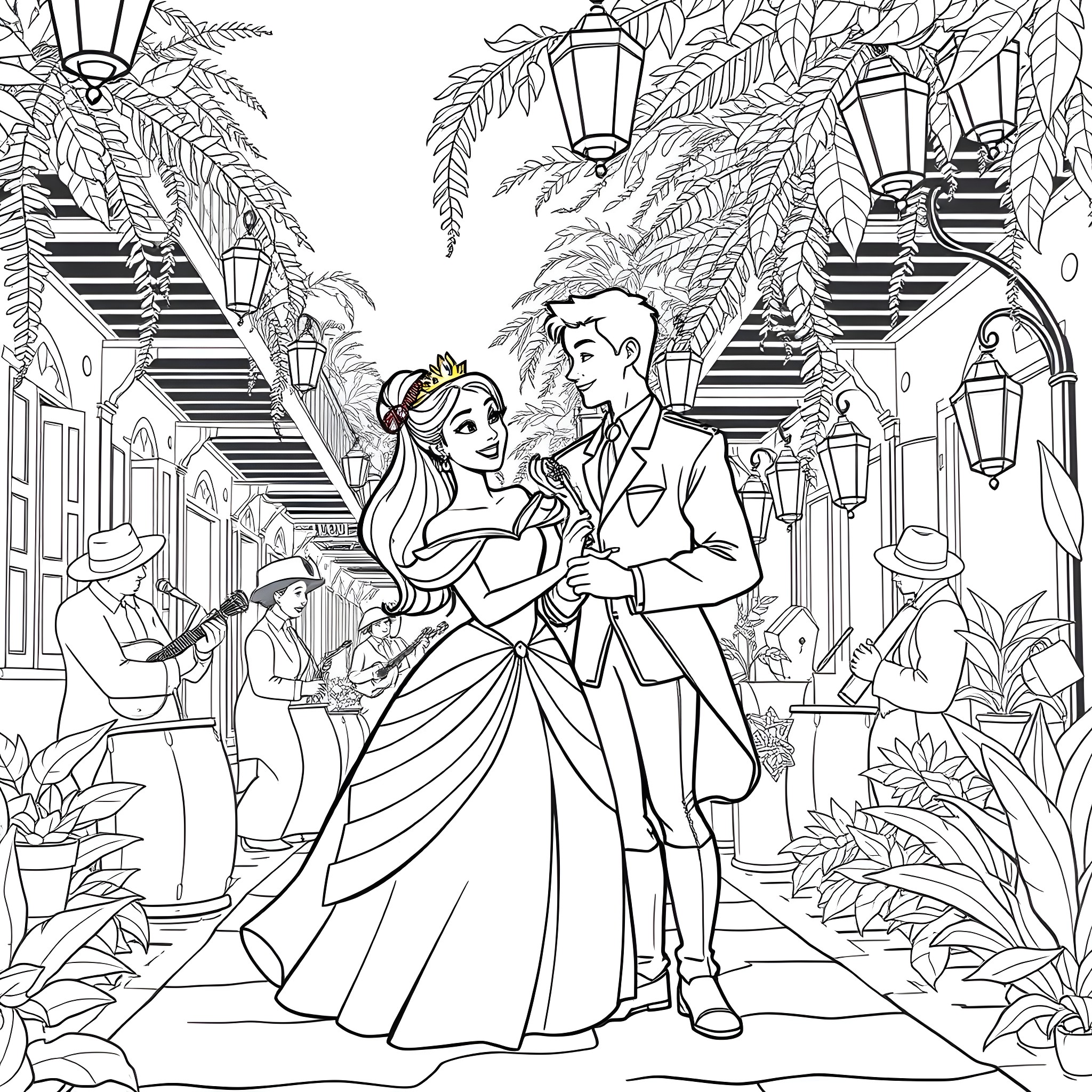 Tiana and Prince Naveen dancing in a romantic street scene Coloring Page (free black-and-white line drawing printable PDF for all, from beginners to advanced learners, including children, teens, adults, and seniors)
