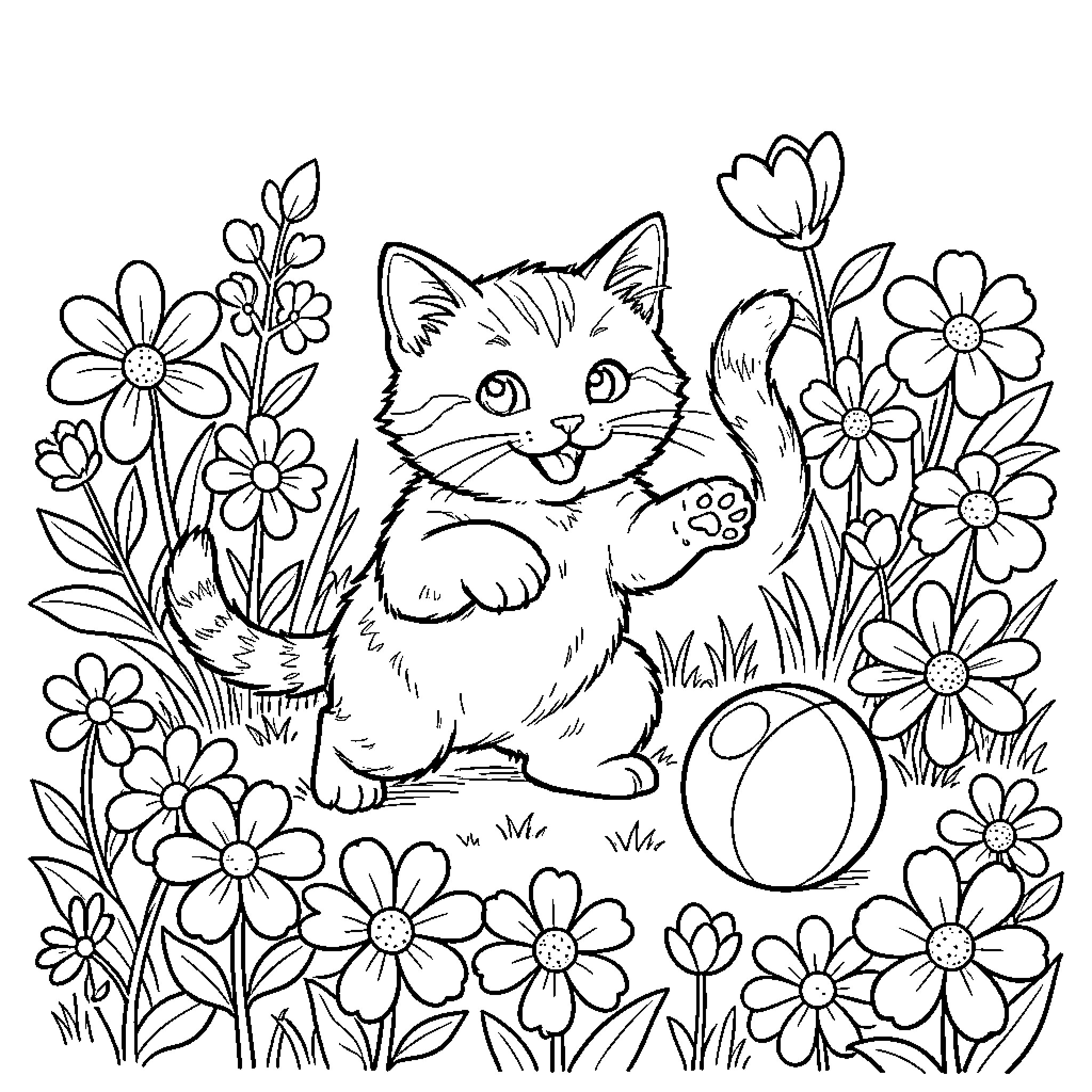 Gato playing amidst blooming flowers Coloring Page (free black-and-white line drawing printable PDF for all, from beginners to advanced learners, including children, teens, adults, and seniors)