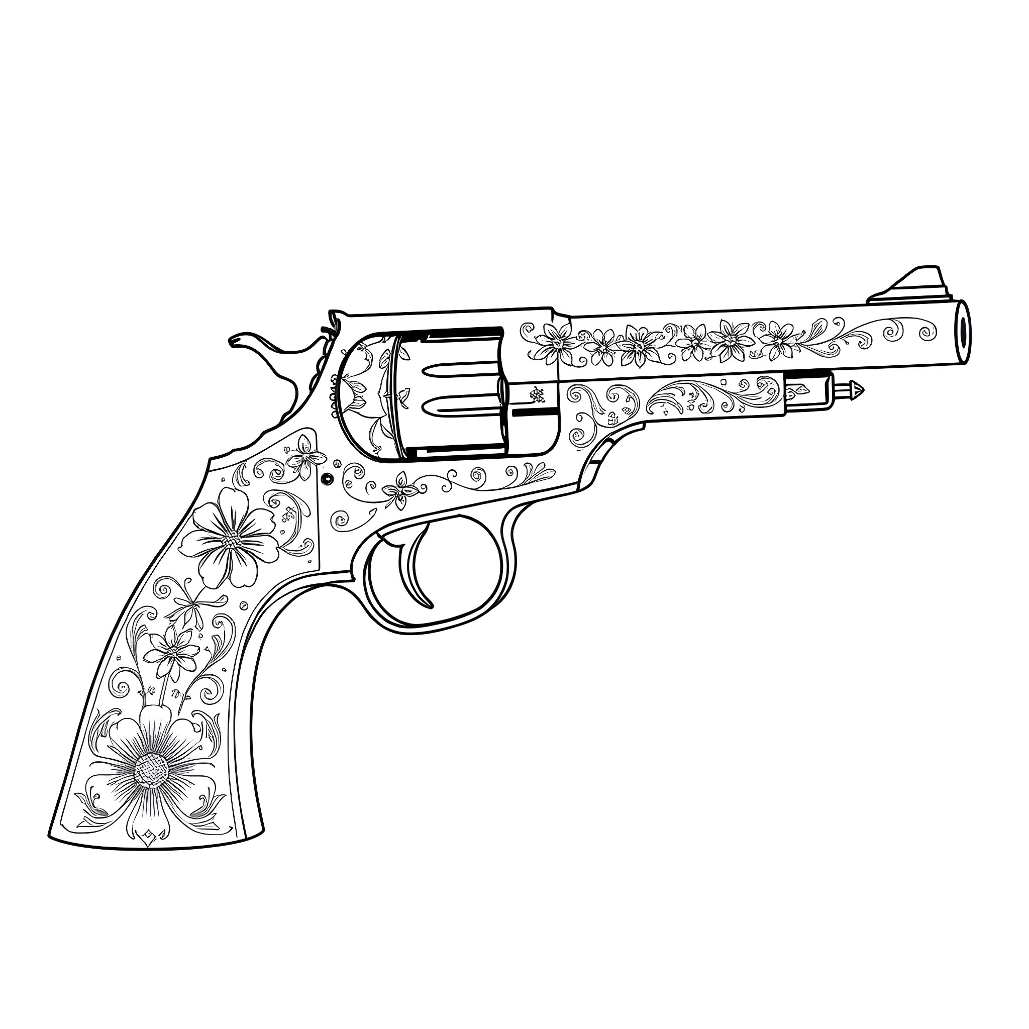 Revolver with floral ornate design Coloring Page (free black-and-white line drawing printable PDF for all, from beginners to advanced learners, including children, teens, adults, and seniors)