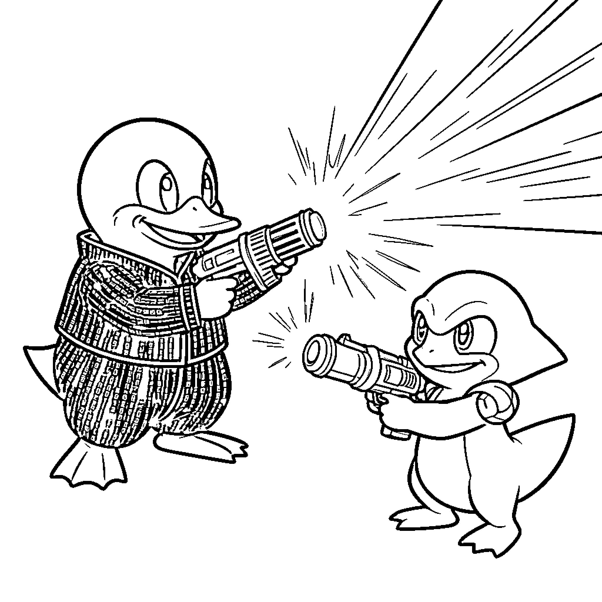 Psyduck engaged in playful water gun fight Coloring Page (free black-and-white line drawing printable PDF for all, from beginners to advanced learners, including children, teens, adults, and seniors)