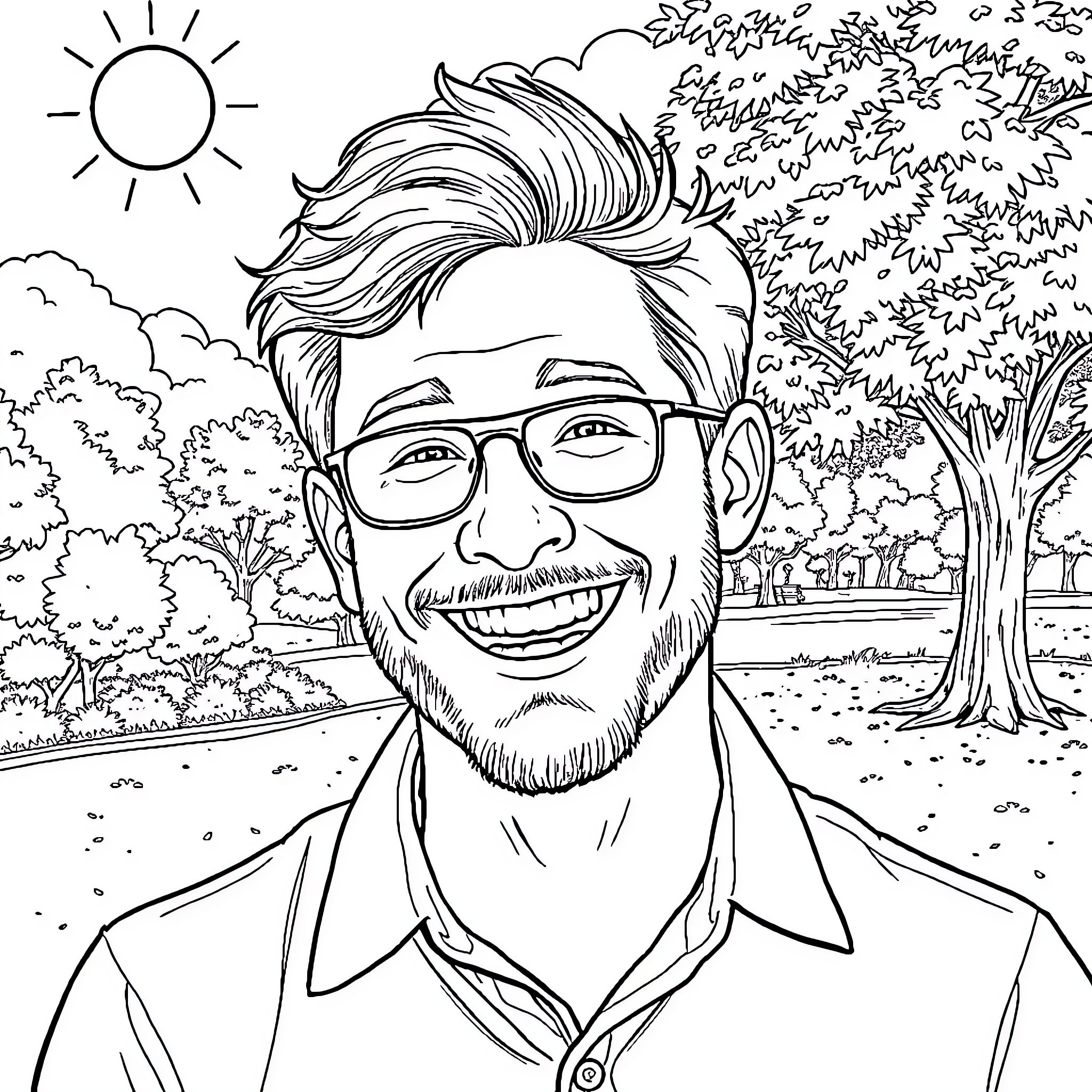 Daniel Larson in a smiling outdoor scene Coloring Page (free black-and-white line drawing printable PDF for all, from beginners to advanced learners, including children, teens, adults, and seniors)