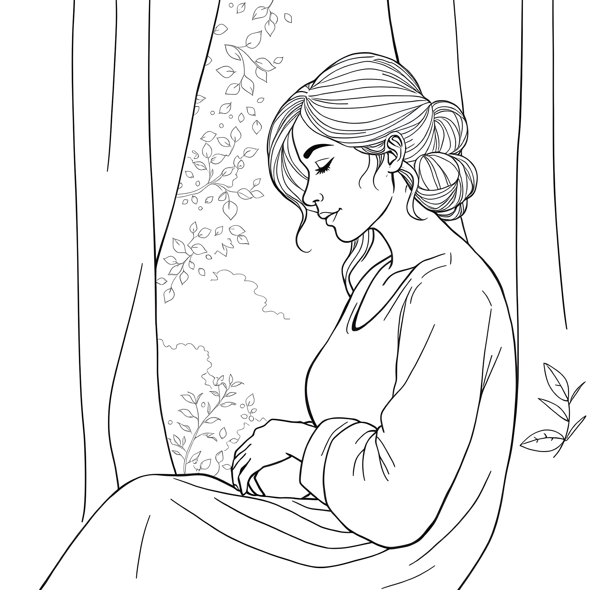 Mom admiring the nature through the window Coloring Page (free black-and-white line drawing printable PDF for all, from beginners to advanced learners, including children, teens, adults, and seniors)