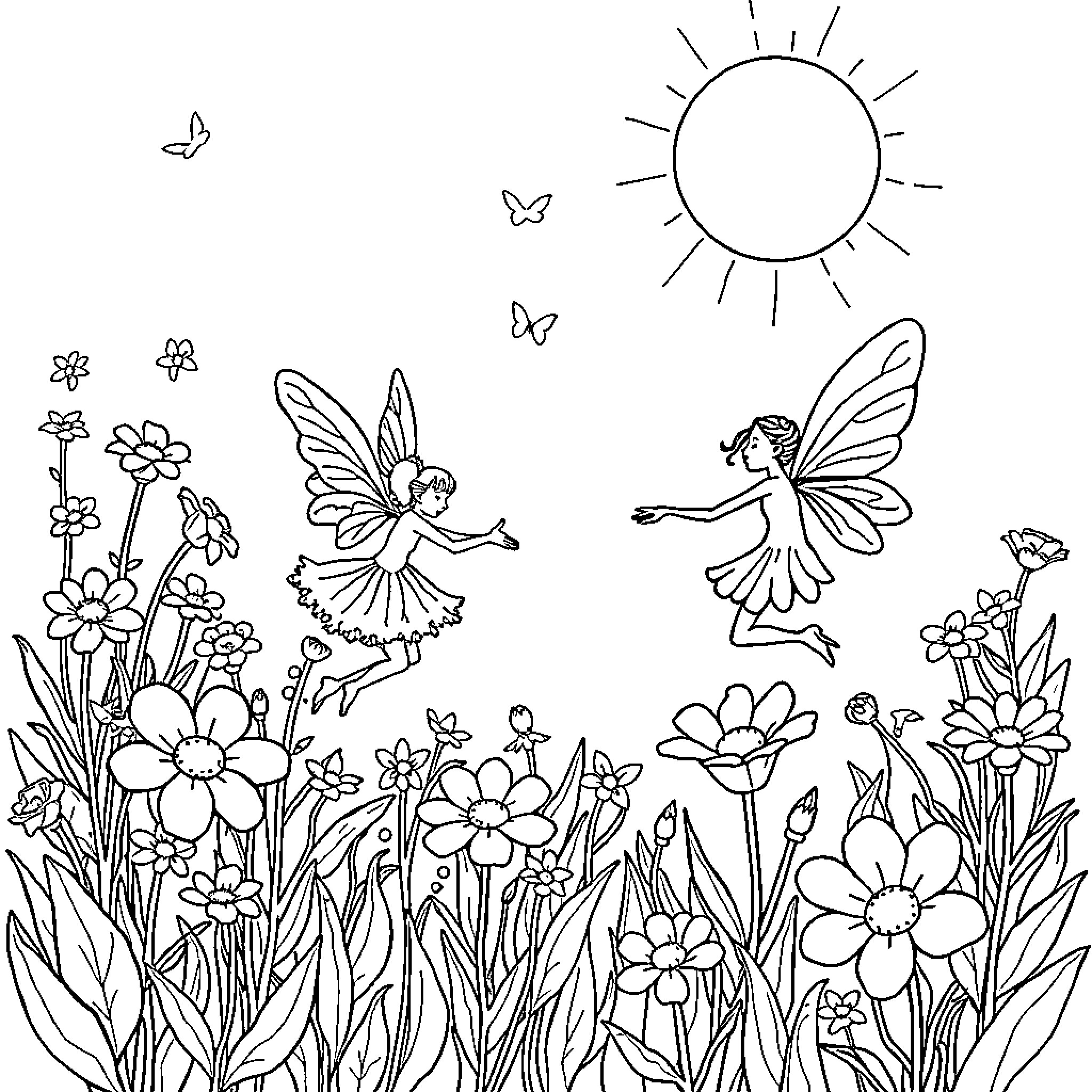 Fairy friends frolicking in a flower garden Coloring Page (free black-and-white line drawing printable PDF for all, from beginners to advanced learners, including children, teens, adults, and seniors)