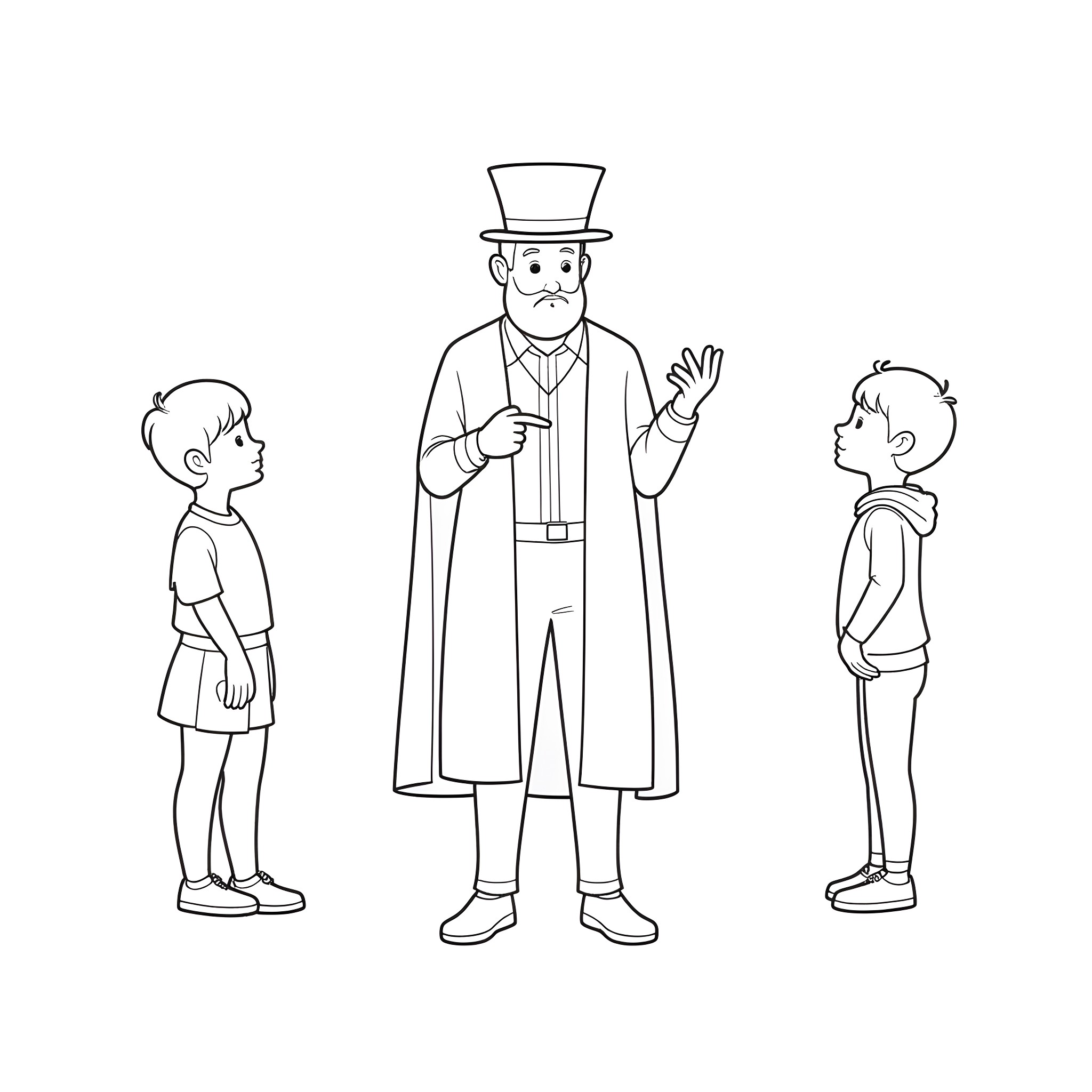 Magician performing tricks for young children Coloring Page (free black-and-white line drawing printable PDF for all, from beginners to advanced learners, including children, teens, adults, and seniors)
