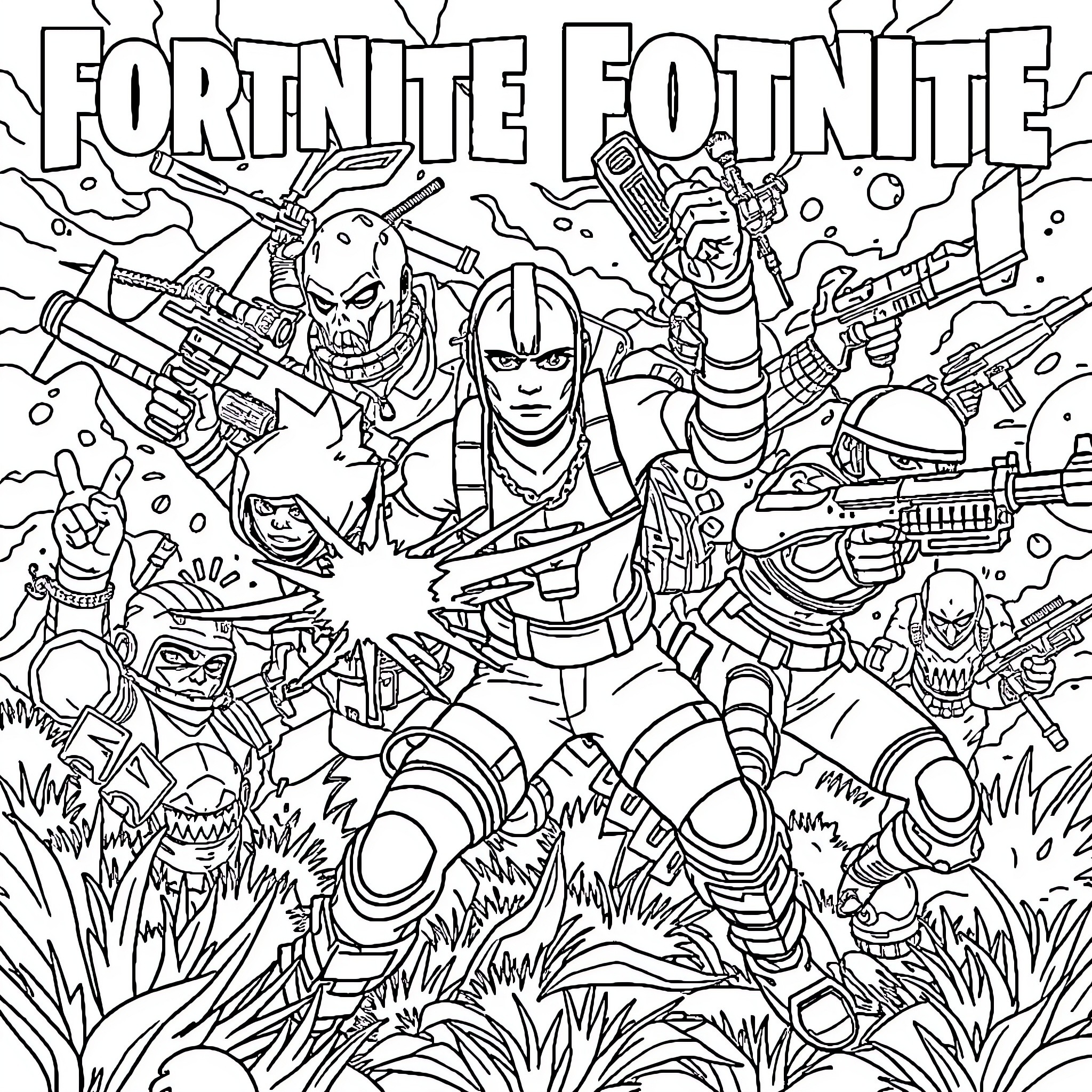 Fortnite battle royale with diverse characters Coloring Page (free black-and-white line drawing printable PDF for all, from beginners to advanced learners, including children, teens, adults, and seniors)