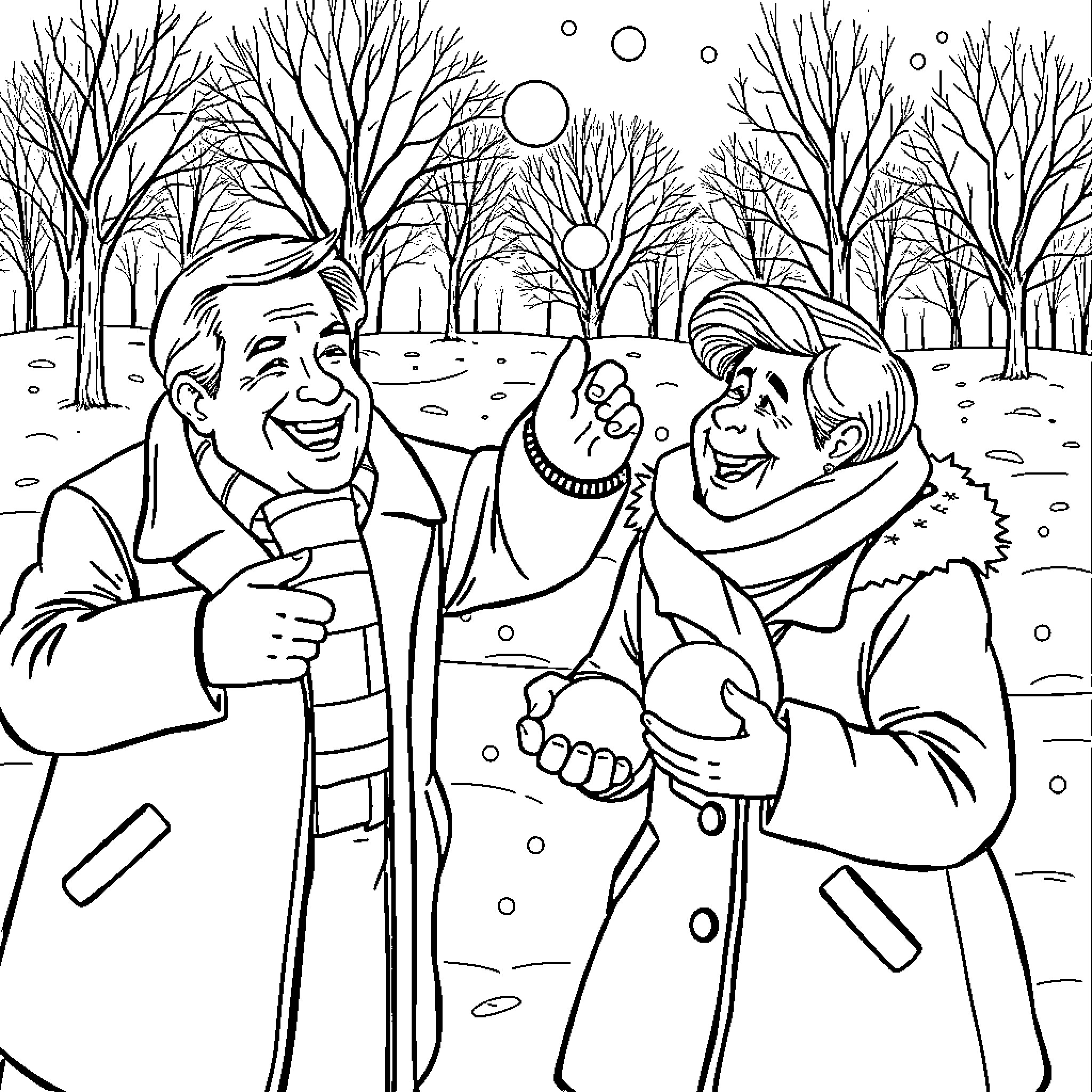 Politician friends laughing in snowy park Coloring Page (free black-and-white line drawing printable PDF for all, from beginners to advanced learners, including children, teens, adults, and seniors)