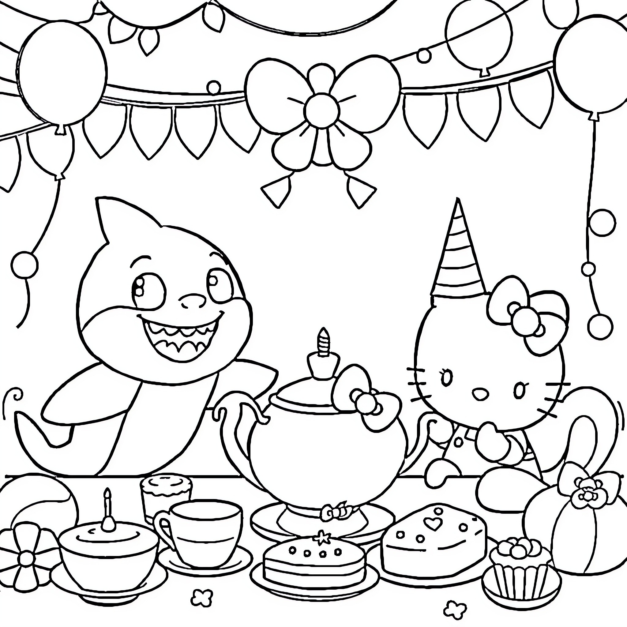 Shark celebrating a birthday party with friends Coloring Page (free black-and-white line drawing printable PDF for all, from beginners to advanced learners, including children, teens, adults, and seniors)