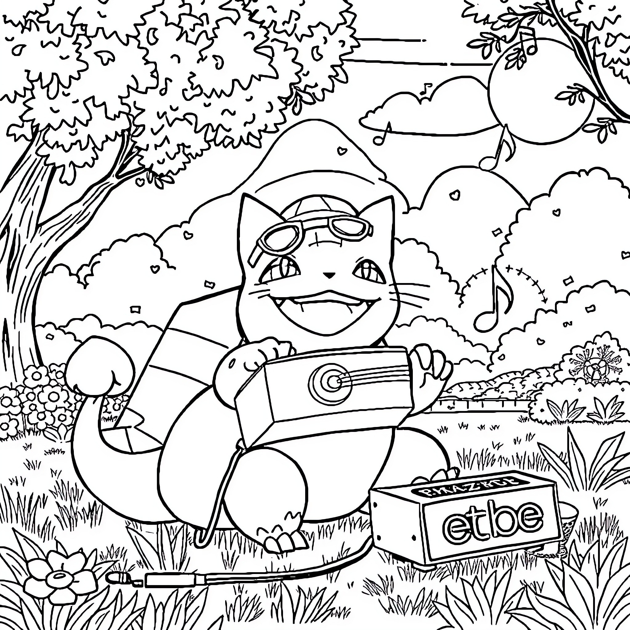 Bulbasaur playing with musical instrument in the forest Coloring Page (free black-and-white line drawing printable PDF for all, from beginners to advanced learners, including children, teens, adults, and seniors)