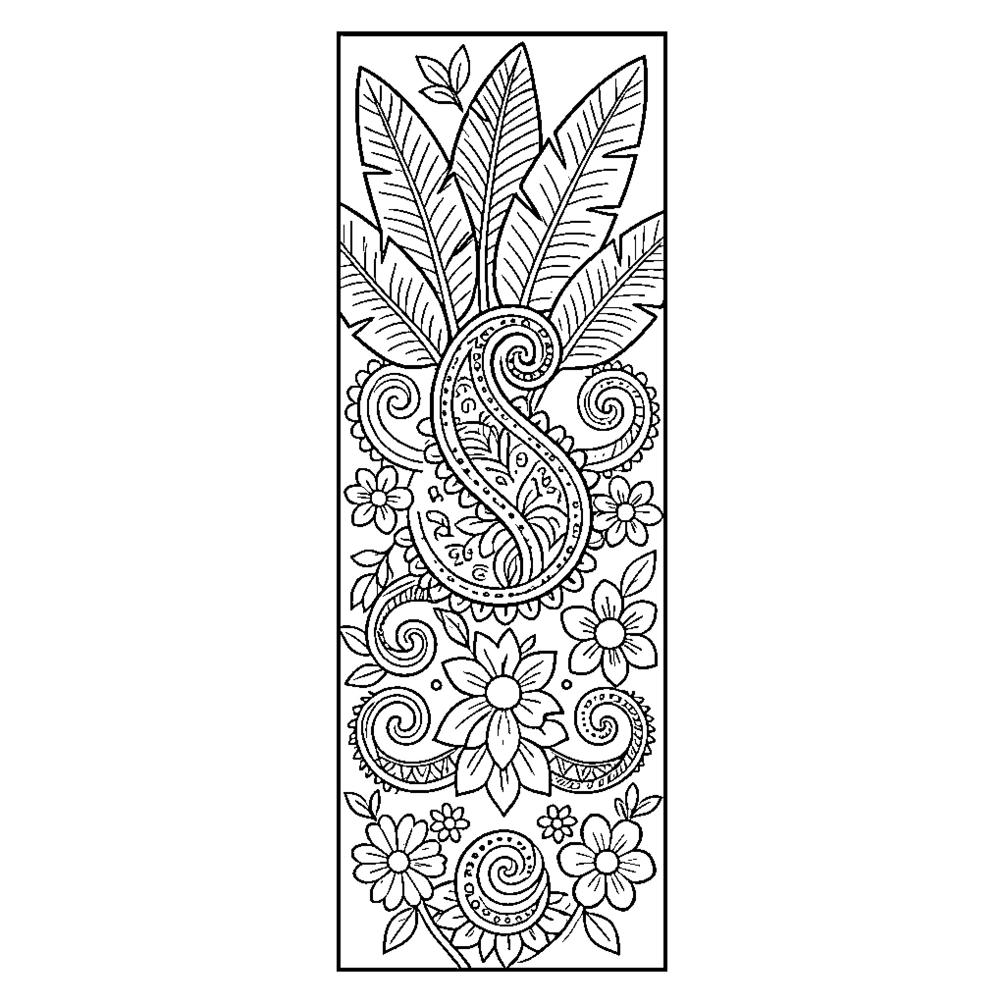 Bookmark with Intricate Floral and Paisley Design Coloring Page (free black-and-white line drawing printable PDF for all, from beginners to advanced learners, including children, teens, adults, and seniors)
