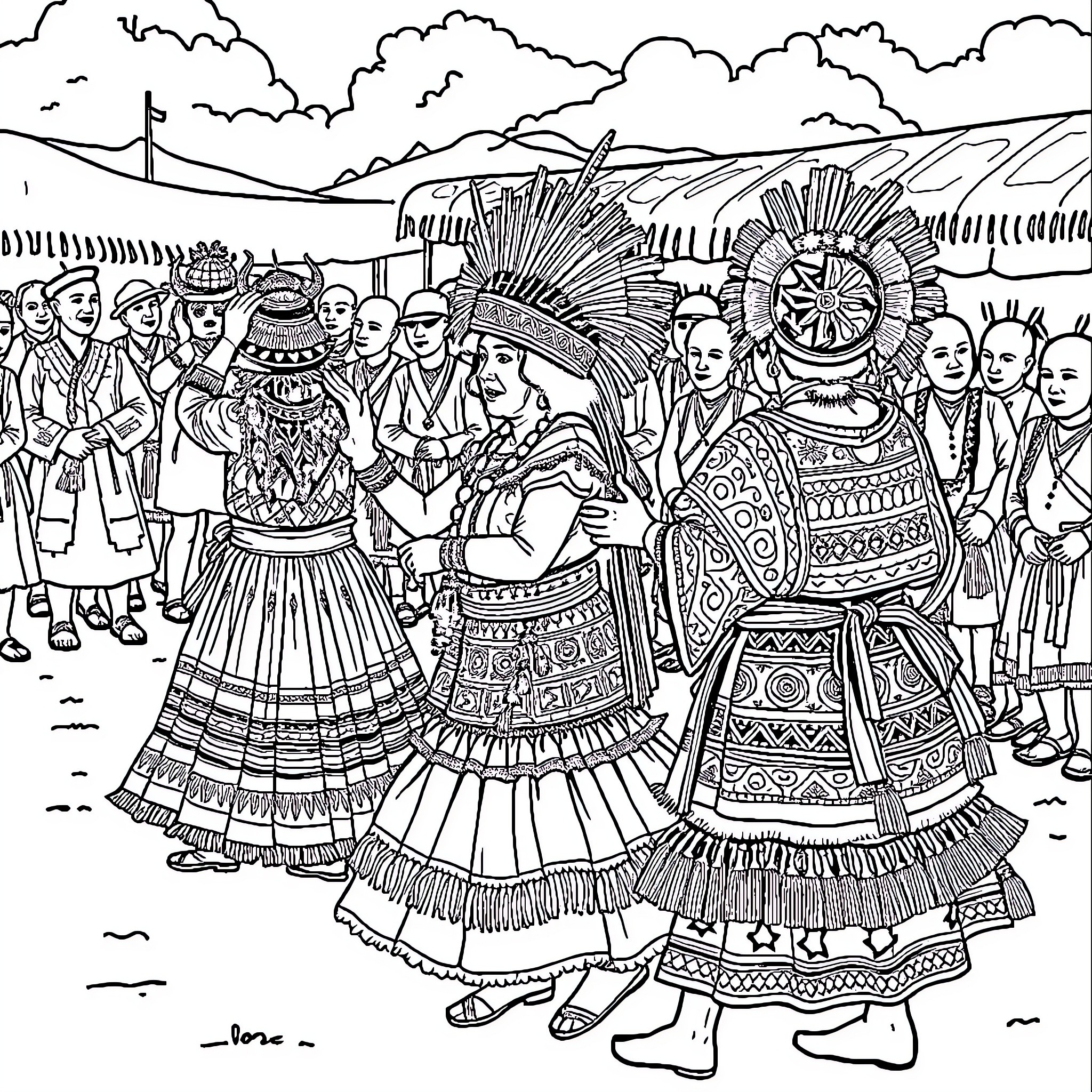 Ceremony of Traditional Native Attire and Customs Coloring Page (free black-and-white line drawing printable PDF for all, from beginners to advanced learners, including children, teens, adults, and seniors)