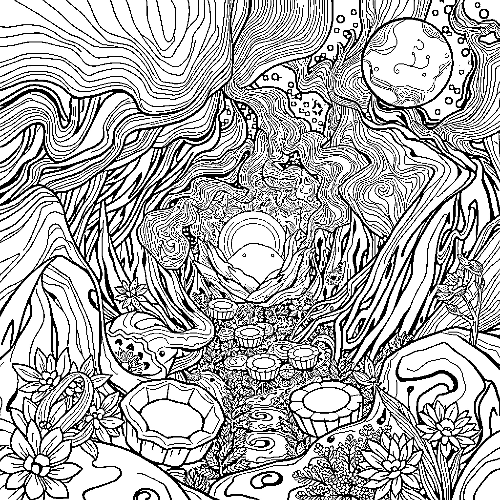Trippy Abstract Landscape with Intricate Patterns Coloring Page (free black-and-white line drawing printable PDF for all, from beginners to advanced learners, including children, teens, adults, and seniors)