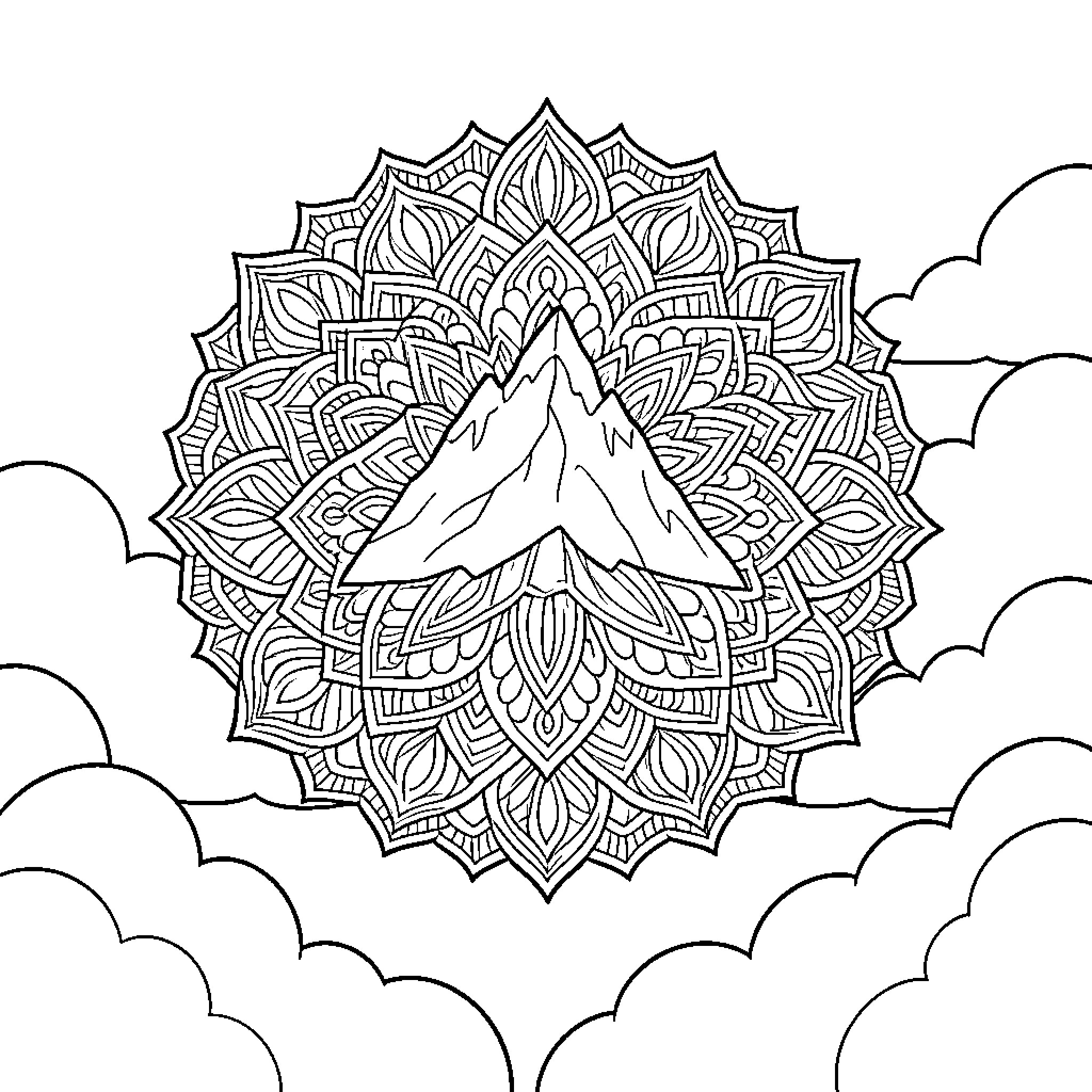 Mandala with mountain silhouette and cloudy sky Coloring Page (free black-and-white line drawing printable PDF for all, from beginners to advanced learners, including children, teens, adults, and seniors)