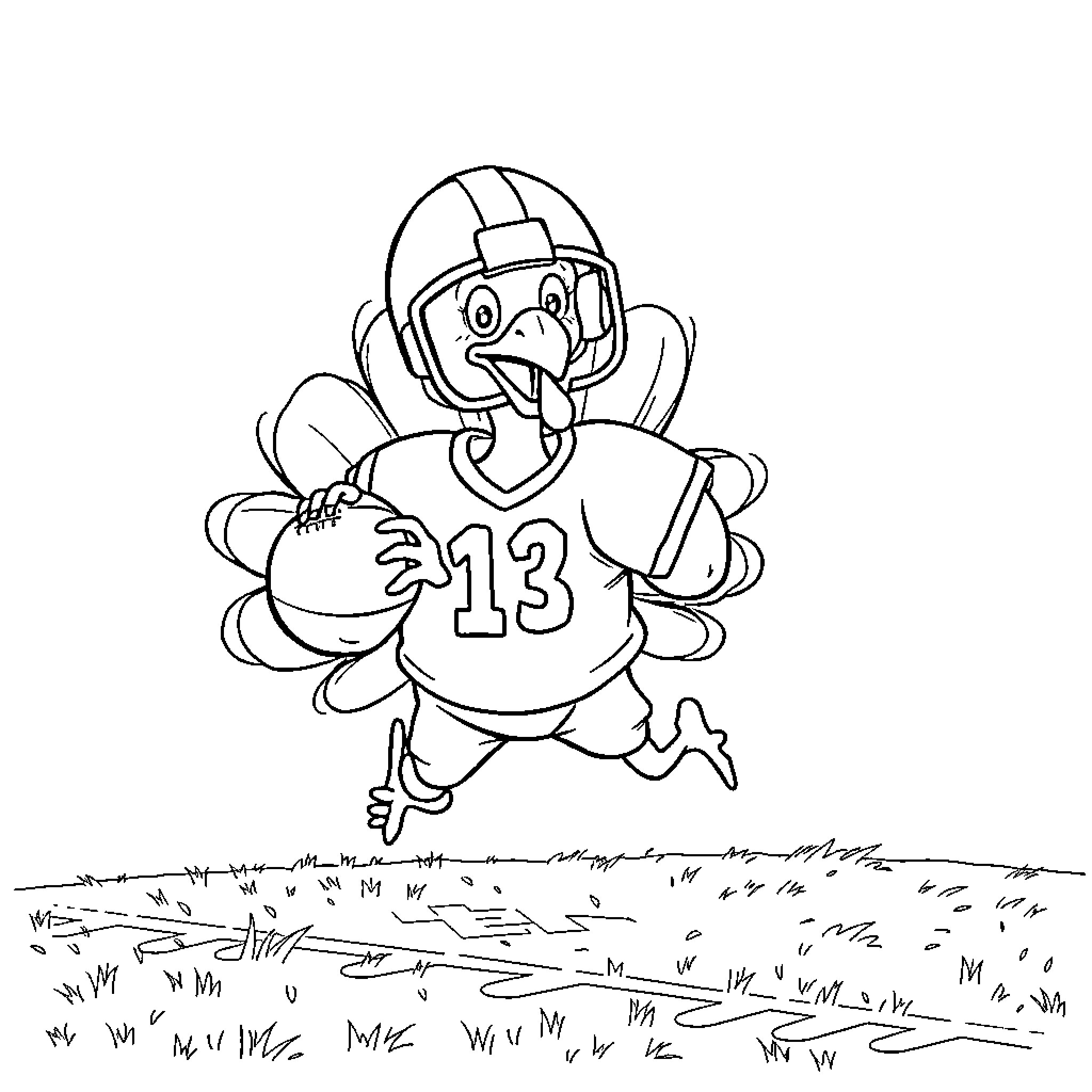 Turkey player in football uniform running on field Coloring Page (free black-and-white line drawing printable PDF for all, from beginners to advanced learners, including children, teens, adults, and seniors)