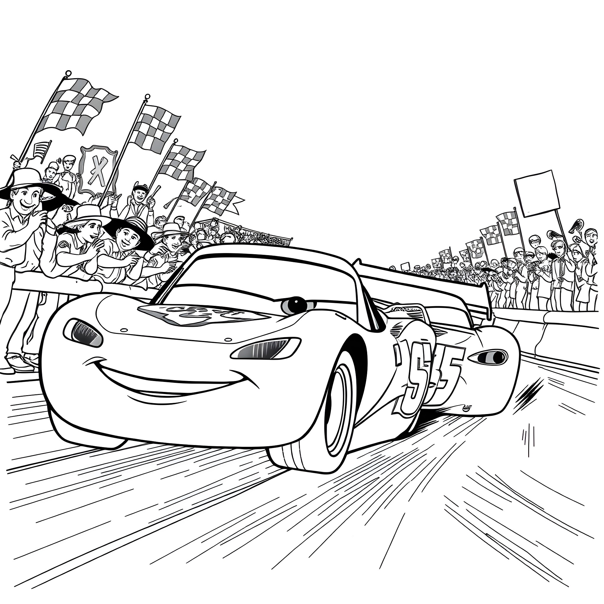 Lightning McQueen racing with cheering crowd Coloring Page (free black-and-white line drawing printable PDF for all, from beginners to advanced learners, including children, teens, adults, and seniors)