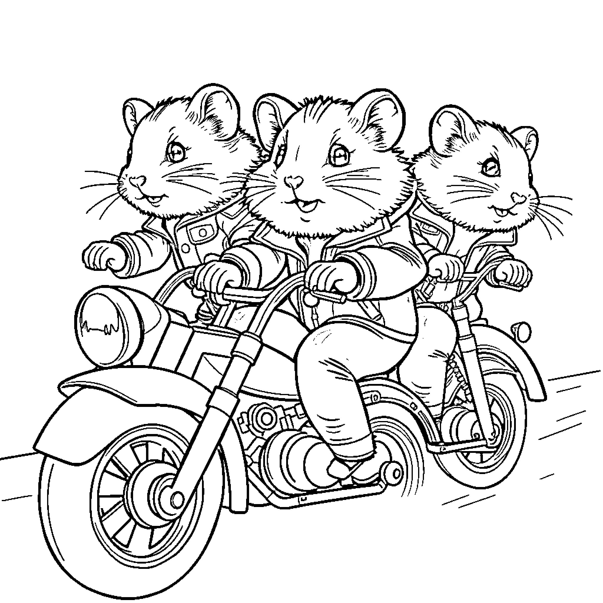 Hamsters riding motorcycles together Coloring Page (free black-and-white line drawing printable PDF for all, from beginners to advanced learners, including children, teens, adults, and seniors)
