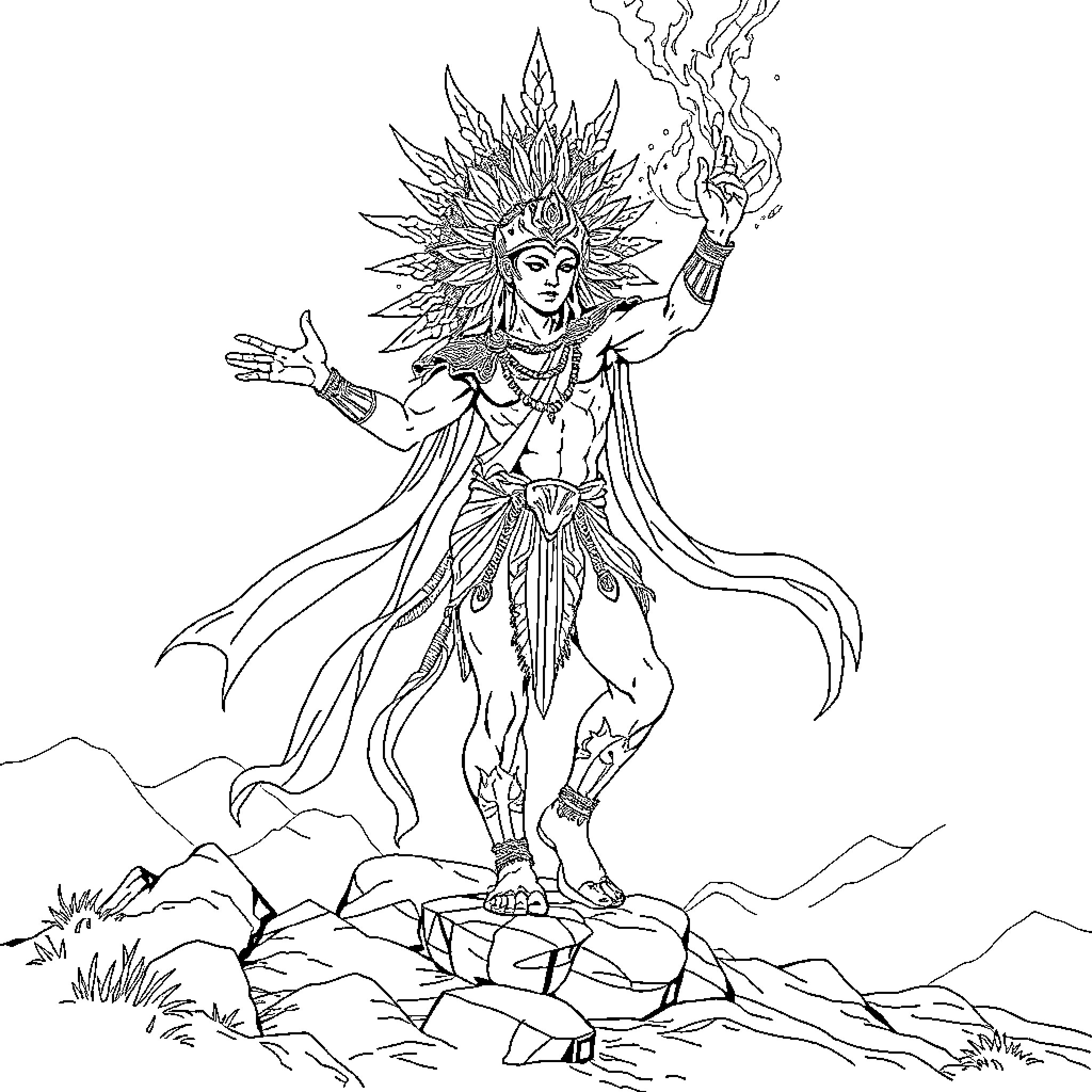 Sukuna, the Powerful Deity Wielding Mystical Energy Coloring Page (free black-and-white line drawing printable PDF for all, from beginners to advanced learners, including children, teens, adults, and seniors)