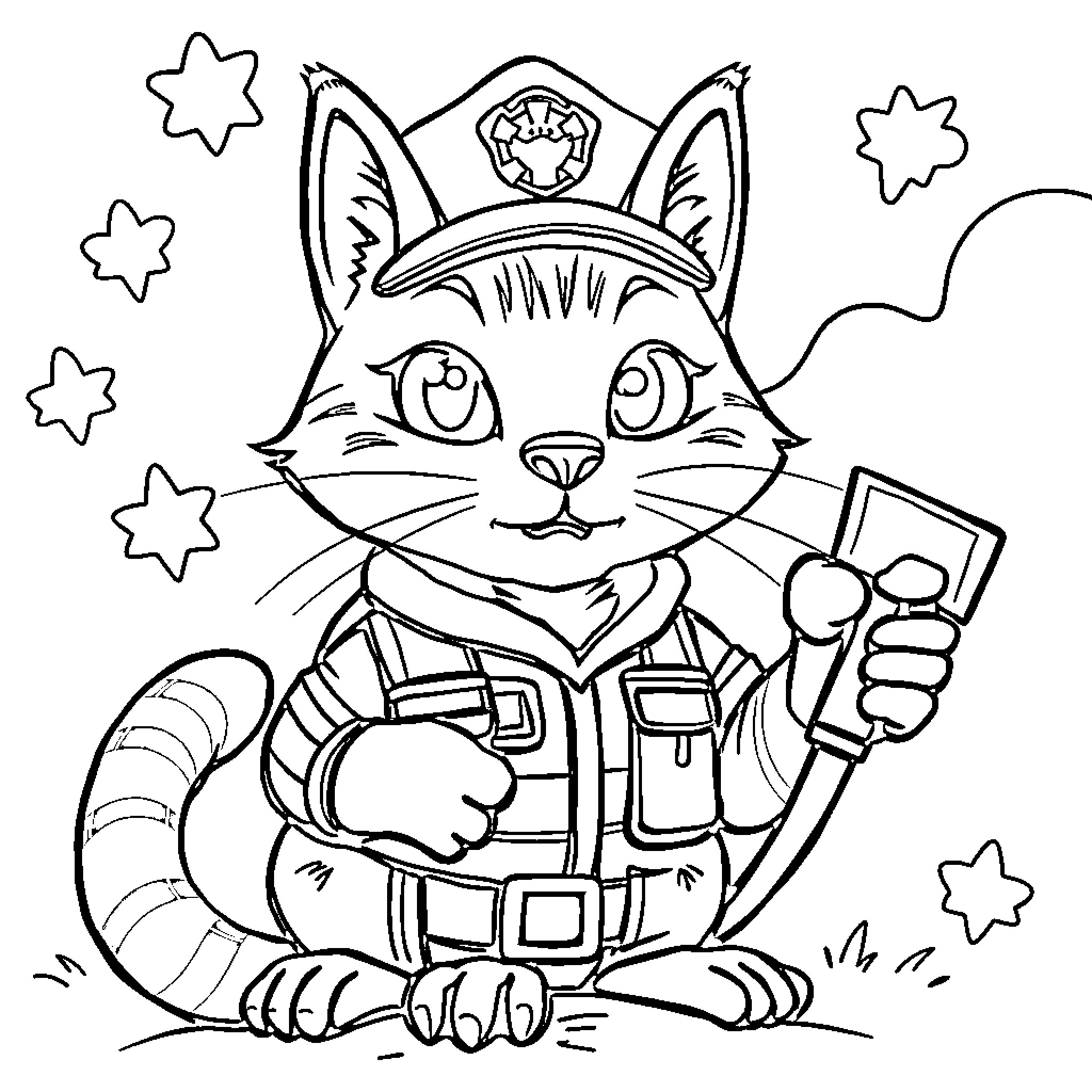 CatRat Cop Cartoon Police Officer in Training Coloring Page (free black-and-white line drawing printable PDF for all, from beginners to advanced learners, including children, teens, adults, and seniors)